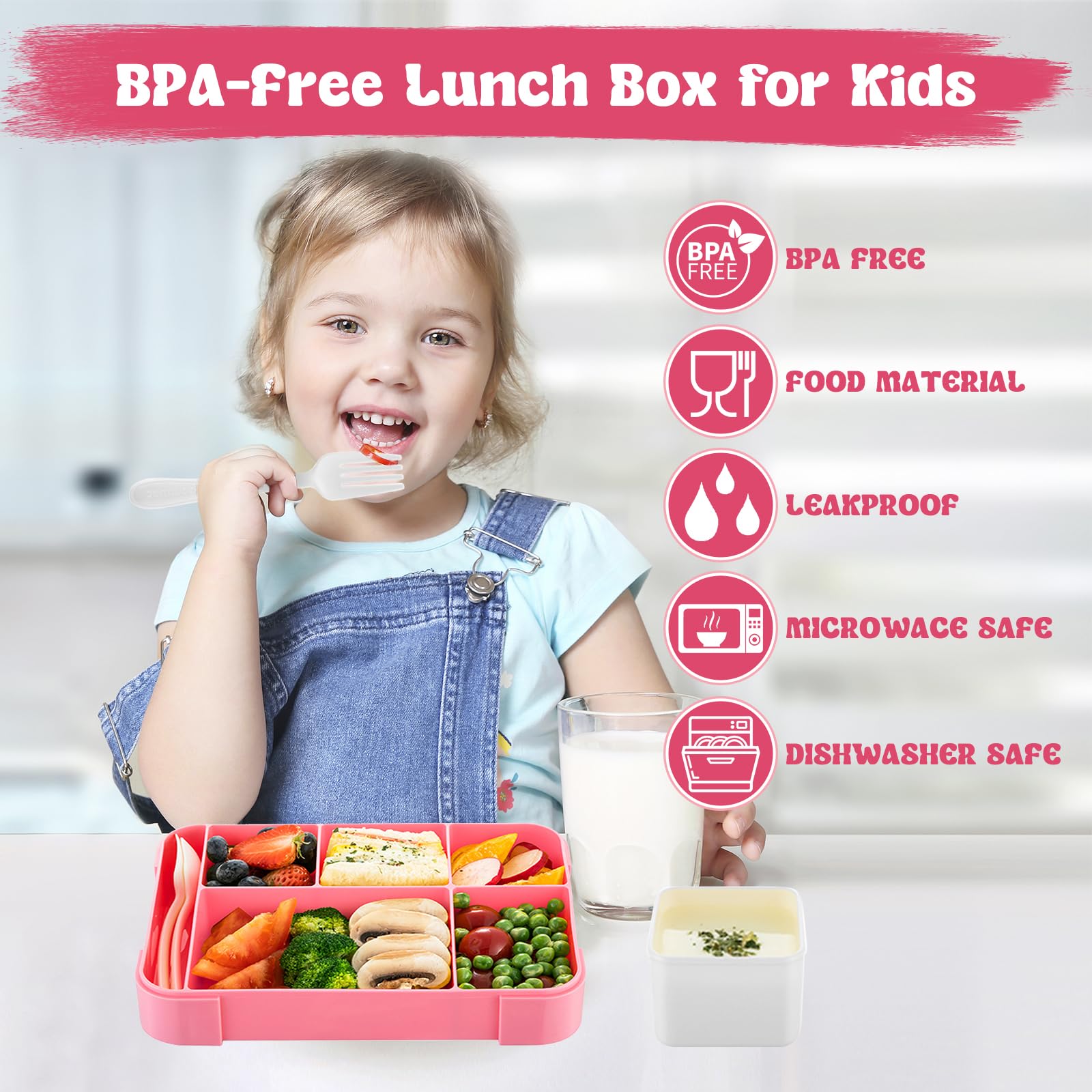 WECUTE Porta Pranzo Bambini, Lunch Box Ermetico 1330ml Bambini Adulto Bento Box Con 5 Scomparti E Posate, Schiscetta Contenitore Pranzo Per Lavoro Picnic Ufficio (Rosa - Foto 5