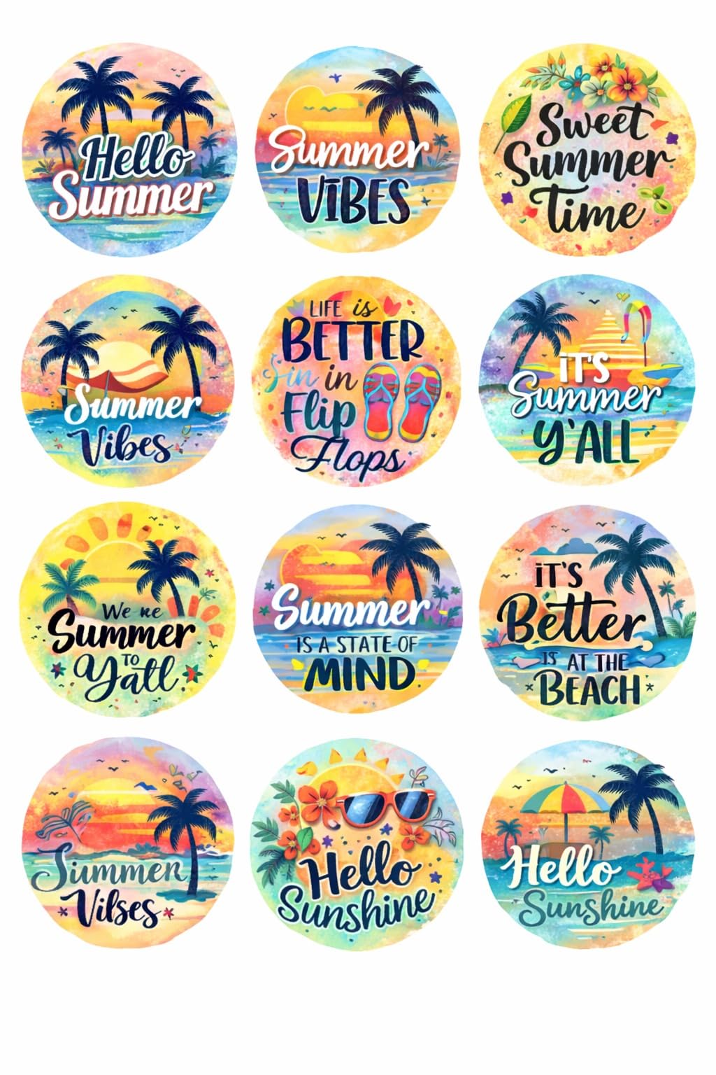 Hello Sunshine Summer Designs UV DTF Cup Wraps Transfer Stickers, 2.5x2.5 Inch, Waterproof Decals for Mugs, Water Bottles, Laptops, Pack of