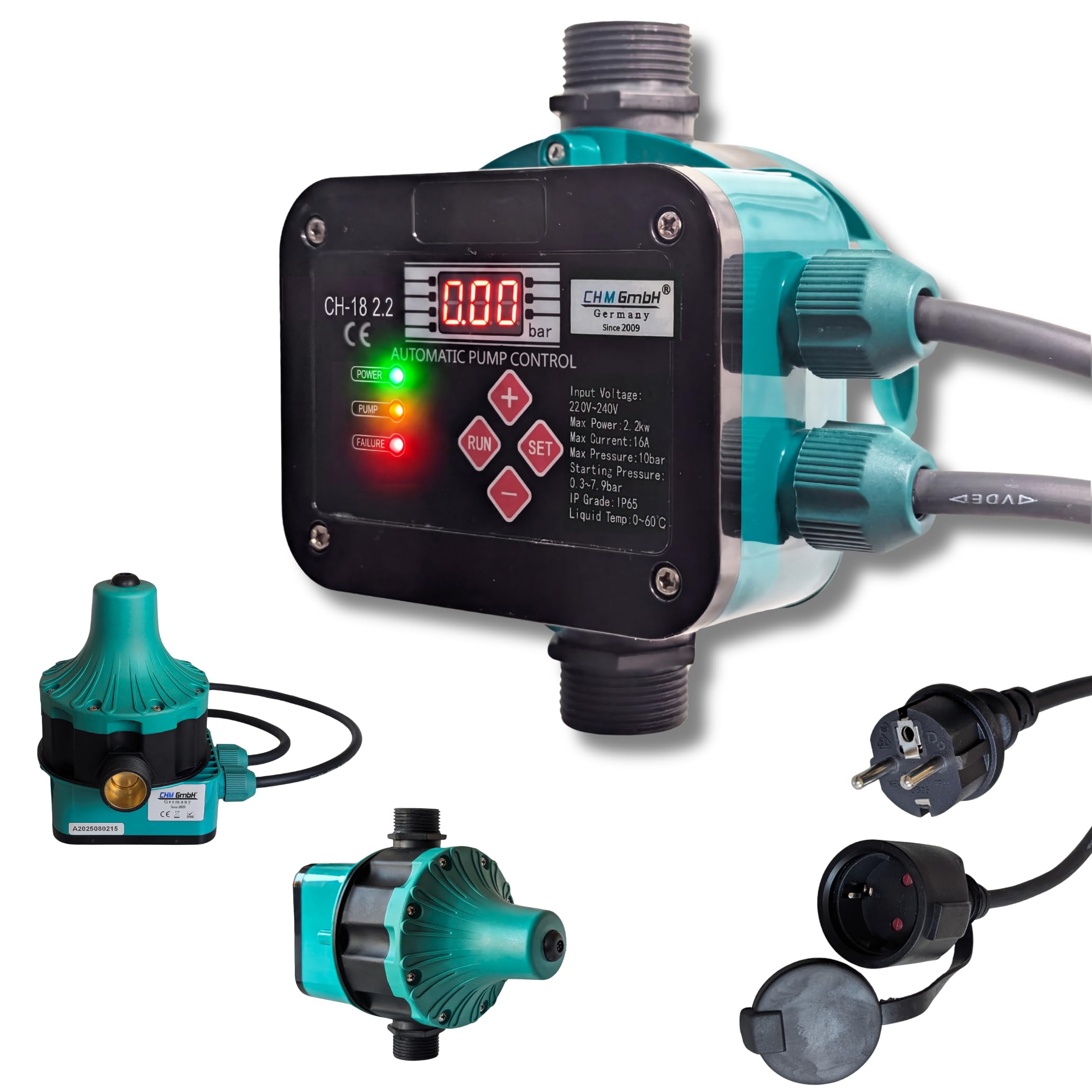 Pumpensteuerung Druckschalter CH 18 (EIN- und Abschaltdruck einstellbar) mit Trockenlaufschutz für Pumpen bis 2,2 Kw