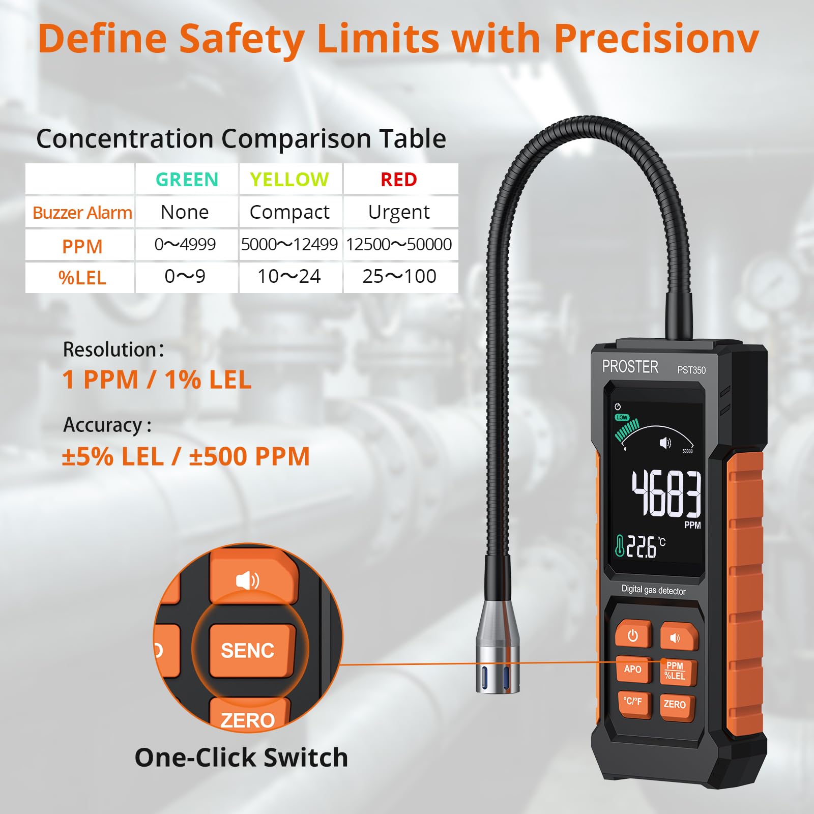 Proster Rilevatore Fughe Gas Portatile 50–50,000 PPM con Sonda a Collo d'Oca da 27 cm e Display a Colori, per Metano GPL Propano Butano Gas Naturale Allarme Sonoro Visivo per Casa Camper Cucina Camino