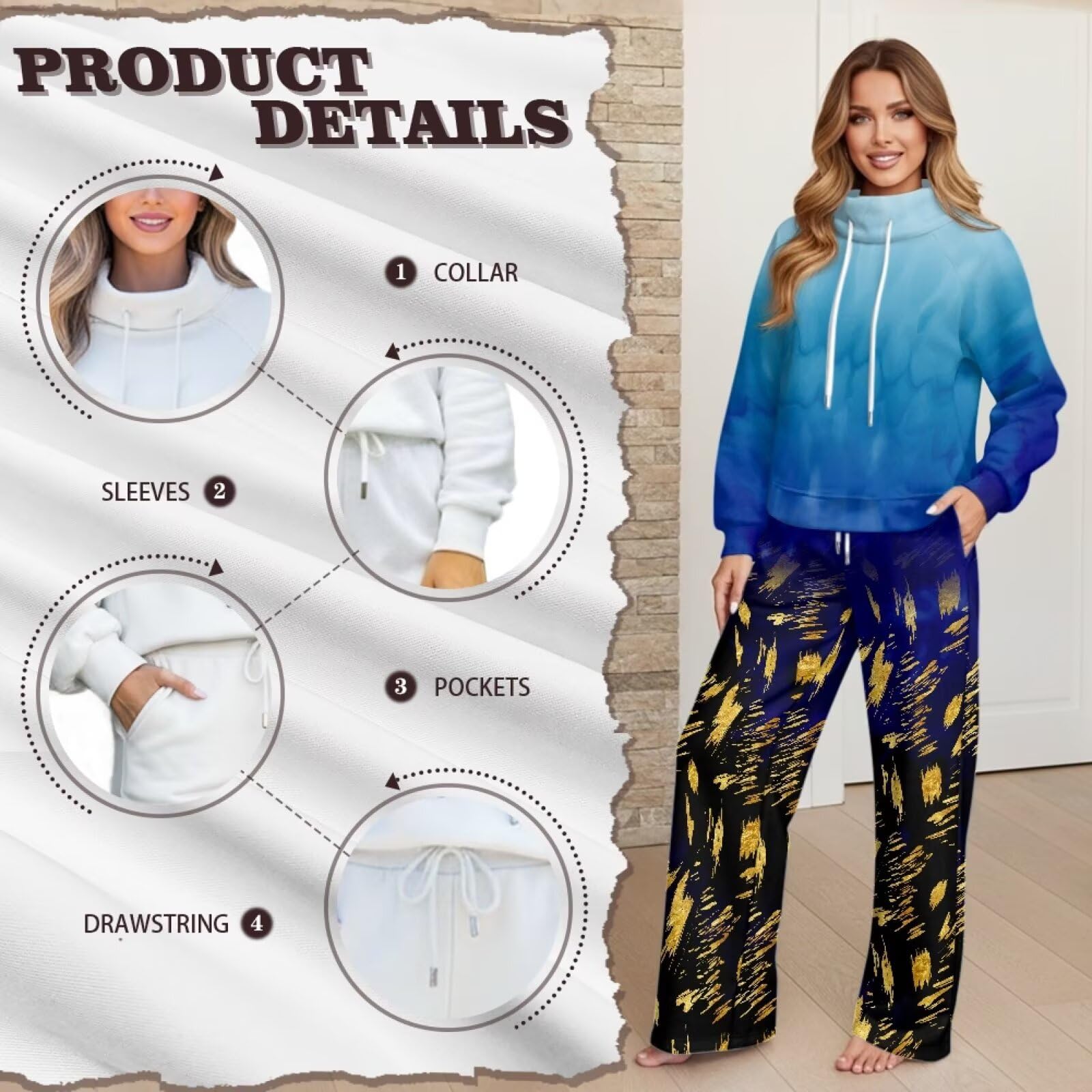 Xoenoiee Conjunto de 2 piezas con estampado de teñido anudado azul para mujer, conjunto de chándal de moda para otoño, sudadera de manga larga y pantalones deportivos de pierna ancha a juego, talla XS