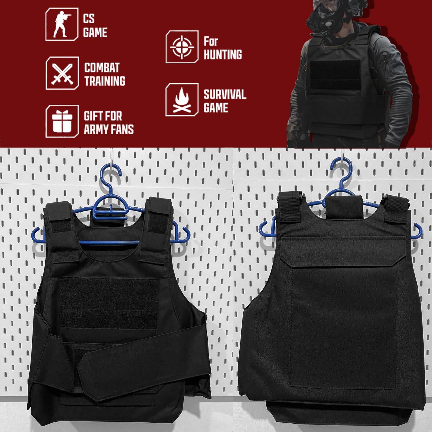 Favuit Gilet tactique noir pour airsoft, paintball, gilet de protection réglable, protection de poitrine, gilet de sport, accessoire pour chasse, pêche, camping, airsoft, paintball