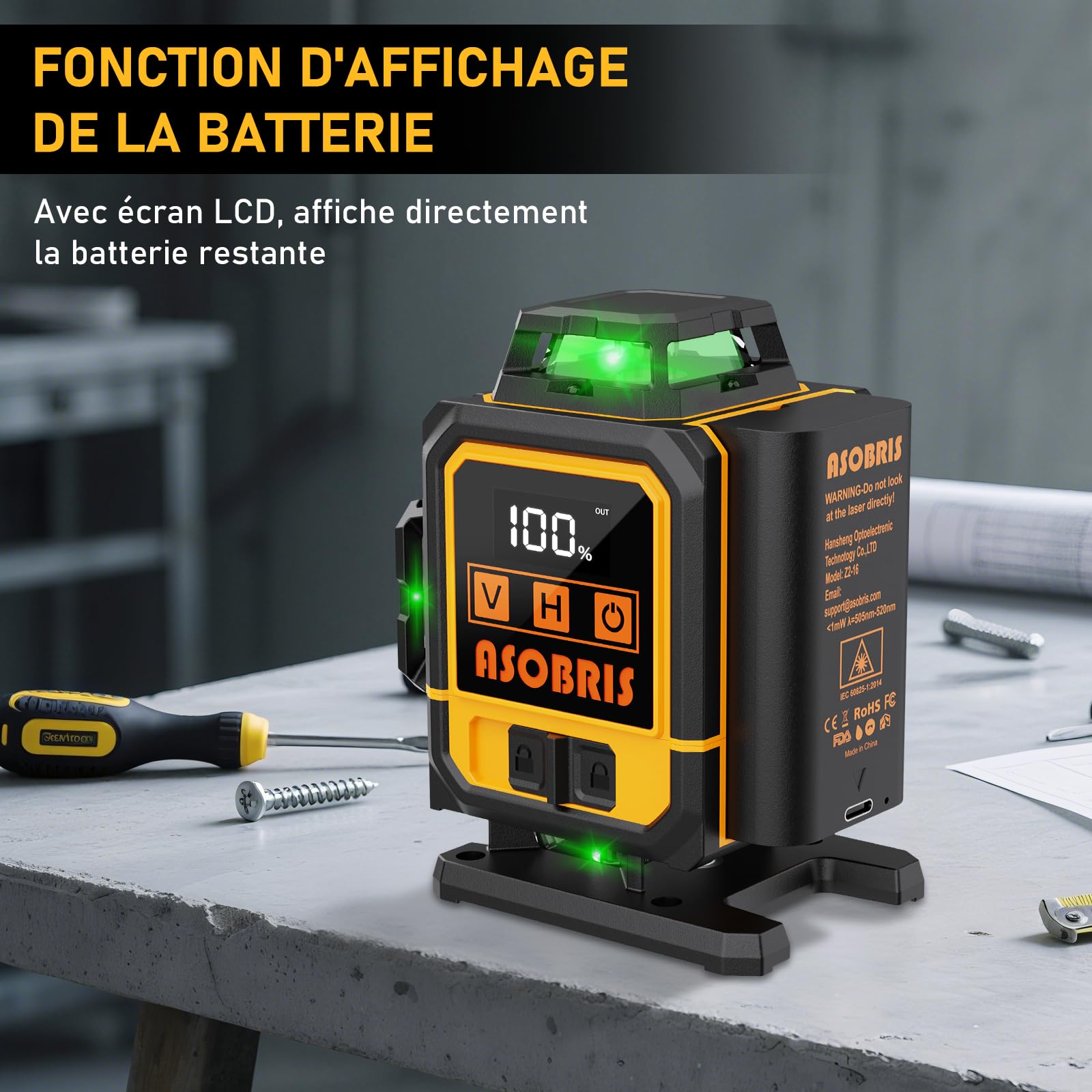 Niveau Laser avec Trepied 360° x 4,ASOBRIS 4D 16 Lignes Laser Chantier Autonivelant,Lazer Niveaux Vert Laser Exterieur,Laser Niveau 2x2400mAh Batterie,Support Rotatif Télécommande Mode Impulsion