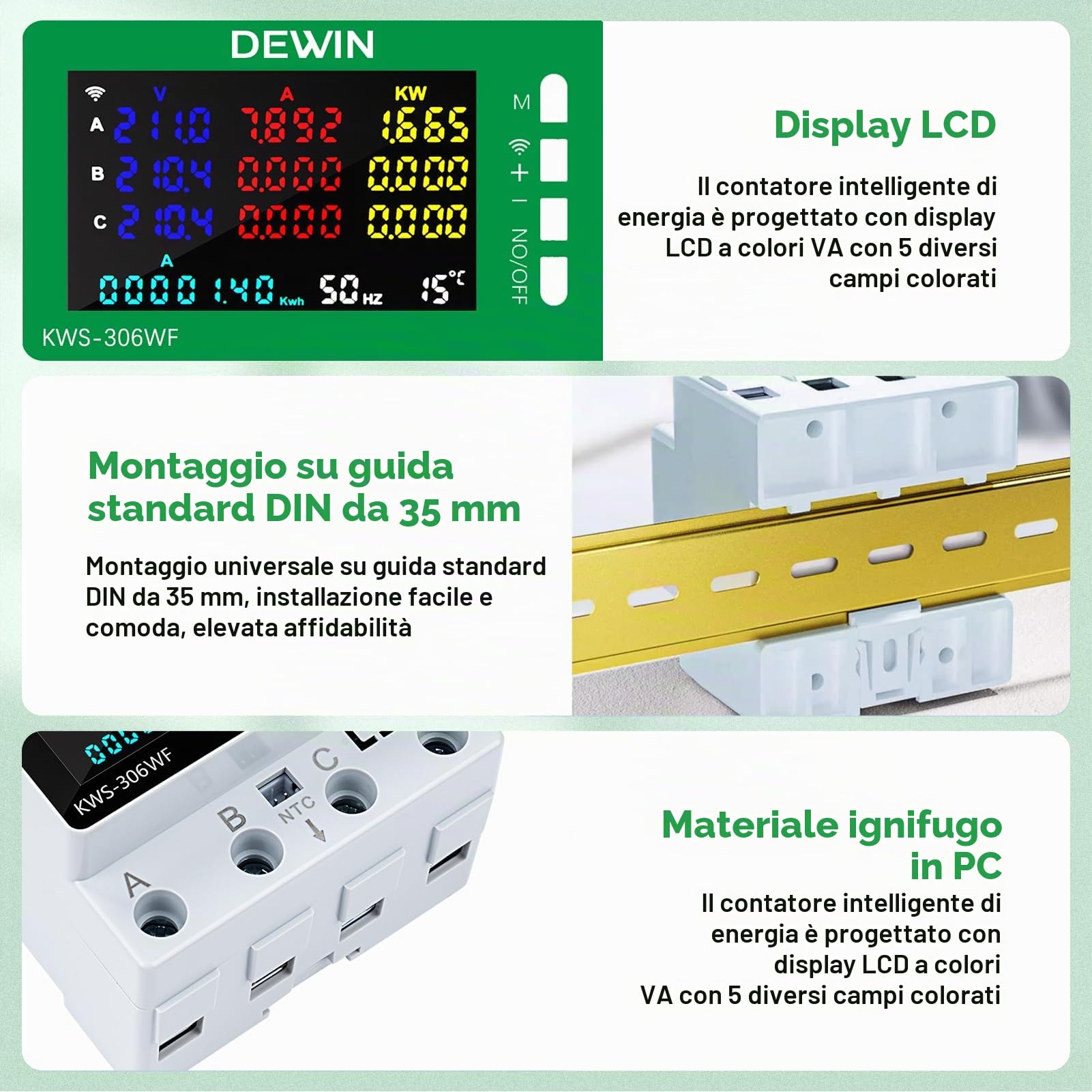 DEWIN Contatore Energia Elettrica Trifase Wifi,9 in 1 Tuya Smart 80A 220VAC Contatore Energia Elettrica Wifi con Misurazione Protezione da Sovratensione, Sottotensione,ecc.