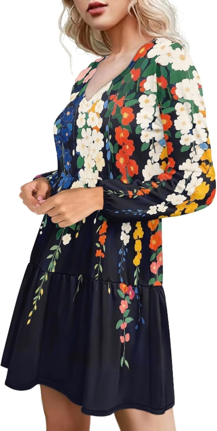 Women 2025 Floral Print Puff Long Sleeve V Neck Smocked Midi Casual Dress Empire Waist Tiered Swing Flowy Dress - Image 2