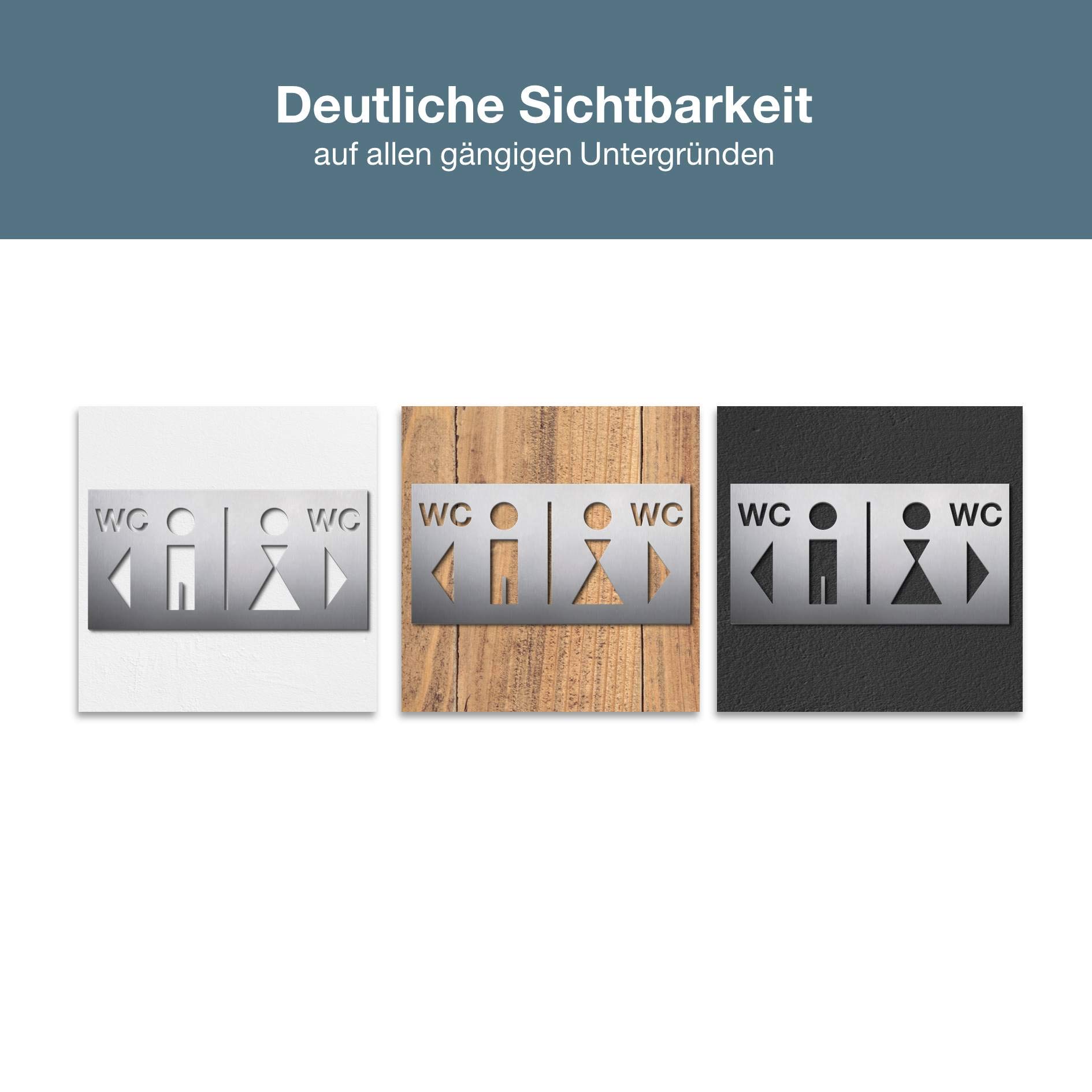 WC Wegweiser, 16 x 32 cm, Herren Damen Toilette, Edelstahl gebürstet matt, selbst klebend, ohne Bohren, Toilettenschild, WC Aufkleber, Richtungsweiser, 100% Made in Germany - PHOS Design