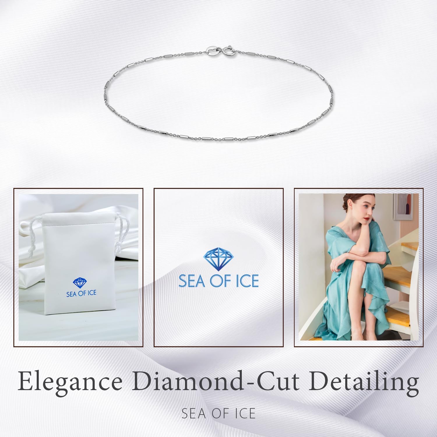 SEA OF ICE Sterling Silver Diamond-Cut Bar Station Rolo Chain Anklet - 1mm Anklet Size 9", 10" and 11" Italy - Nickel-Free Jewelry