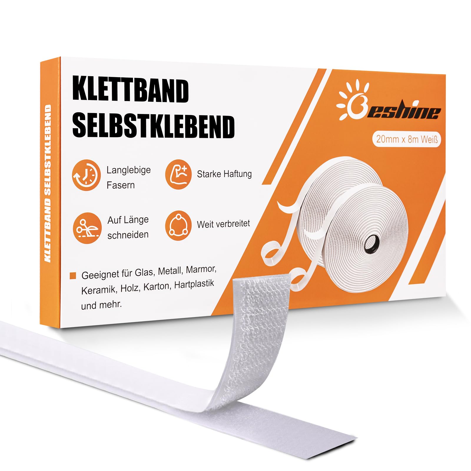 Beshine Klettband selbstklebend, 20mm x 8m Premiumqualität Doppelseitiges Klebeband mit Klettverschluss Selbstklebend und Hakenband(Weiß)