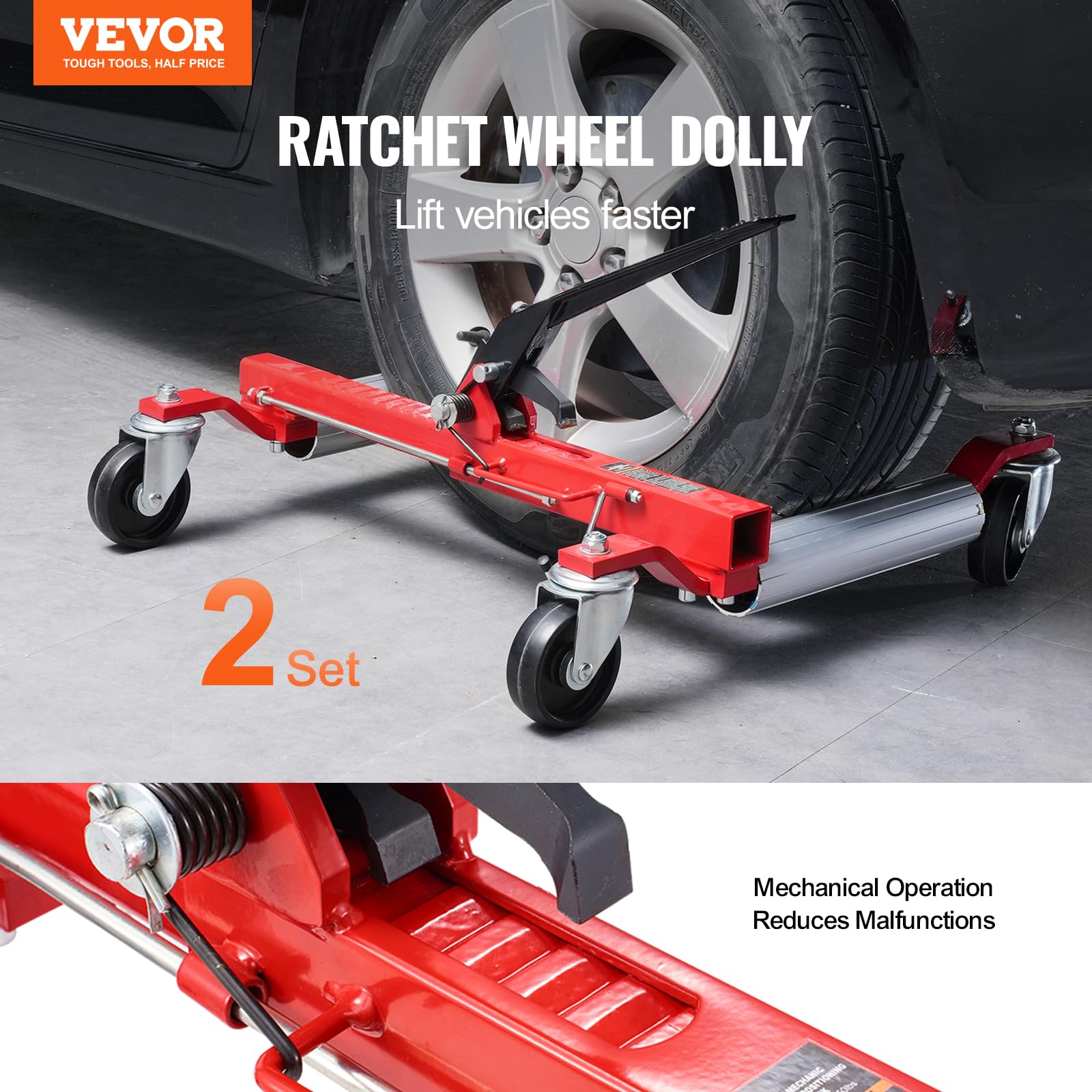 VEVOR Chariot de Manutention de Voiture Grande Capacité de Charge 680 kg, Chariot Déplace Voiture à Cliquet, Aide à la Manœuvre Positionnement pour Véhicules Camions Remorques Garage Atelier, 2PCs