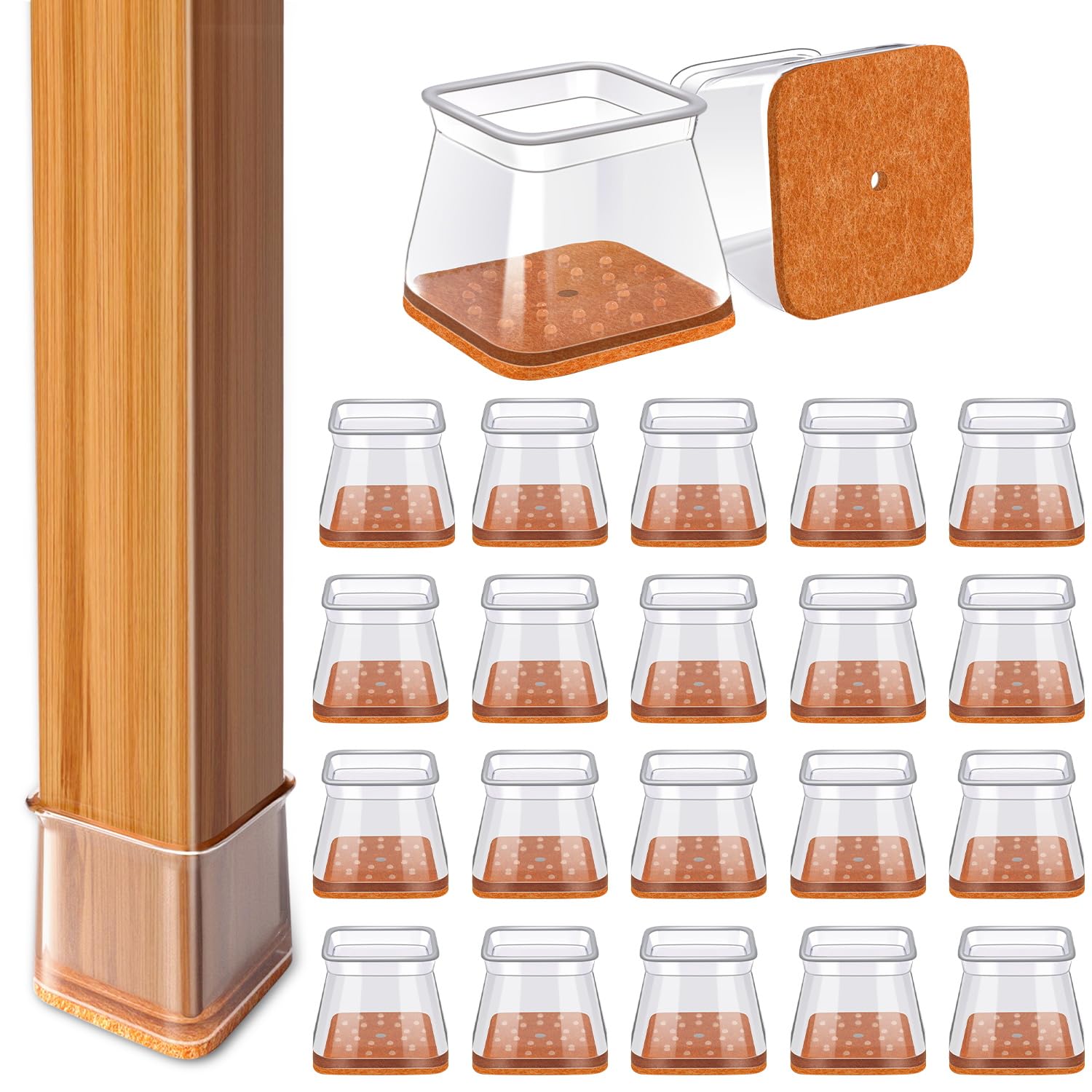 28Pcs Chair Leg Floor Protectors Square for Hardwood Floors Silicone Caps Felt Furniture Pads Covers Clear Chair Sliders