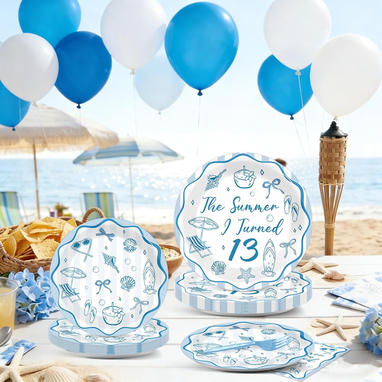 96Pcs The Summer I Turned 13 Tableware Set Seashell Starfish Party Decoration Ocean Themed Paper Plate Summer Tropical Beach 13th Theme Birthday Supply Blue Bow Dinnerware for 24 Guests Party Supply