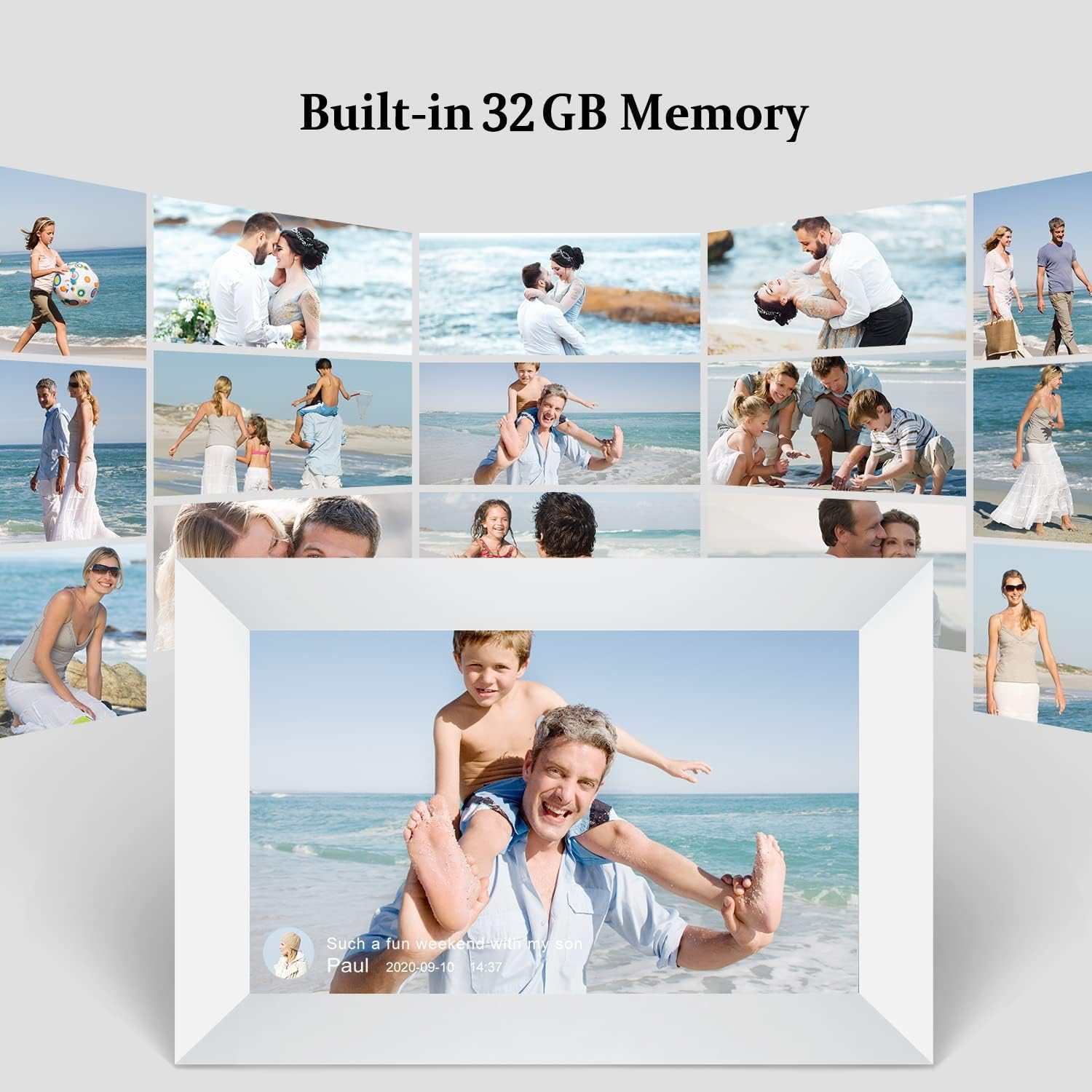 A collage of various family photos displayed on the AEEZO digital photo frame, illustrating the built-in 32GB memory capacity.