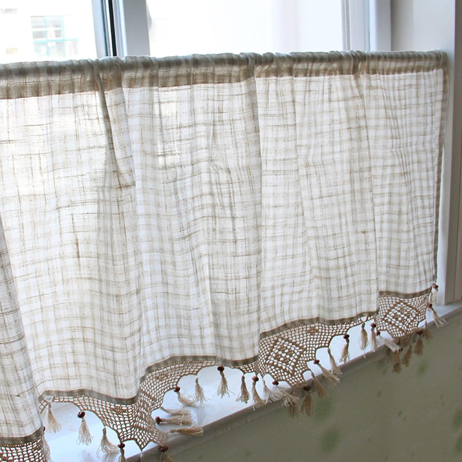 Plaid Kitchen Curtain, Cutwork Tier Curtains with Tassels, Cotton Linen Curtain Valance, for Living Room, Farmhouse, Bedroom, Decor Windows Blackout, Rod Pocket ( Size : W145xH50cm/57x19.7in )