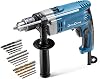 DongCheng DZJ05-13 710W Hammer Drill 13 mm Chuck Impact Drill 45000 IPM 3000 RPM with 15 Pieces Drill Bits for Metal Wood and Concrete