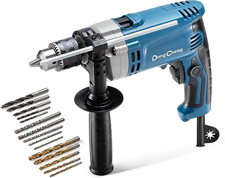 DongCheng DZJ05-13 710W Hammer Drill 13 mm Chuck Impact Drill 45000 IPM 3000 RPM with 15 Pieces Drill Bits for Metal Wood and Concrete