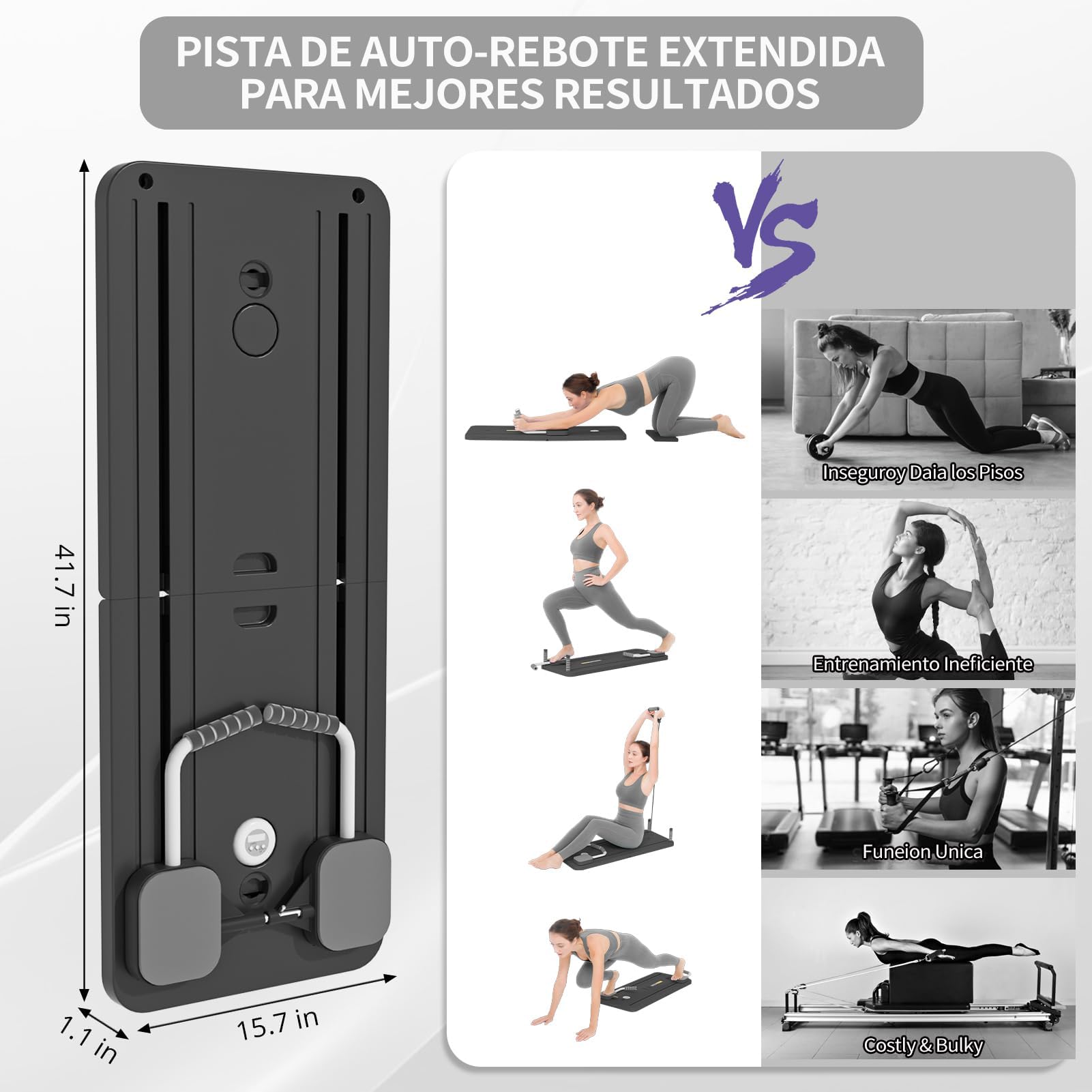 Pilates Reformer 4 en 1 Plegable, con Rodillo Abdominal de Rebote Automático y Contador, Tabla Multifuncional de Entrenamiento con Cuerda de Tensión para Gimnasio en Casa y Cuerpo Completo
