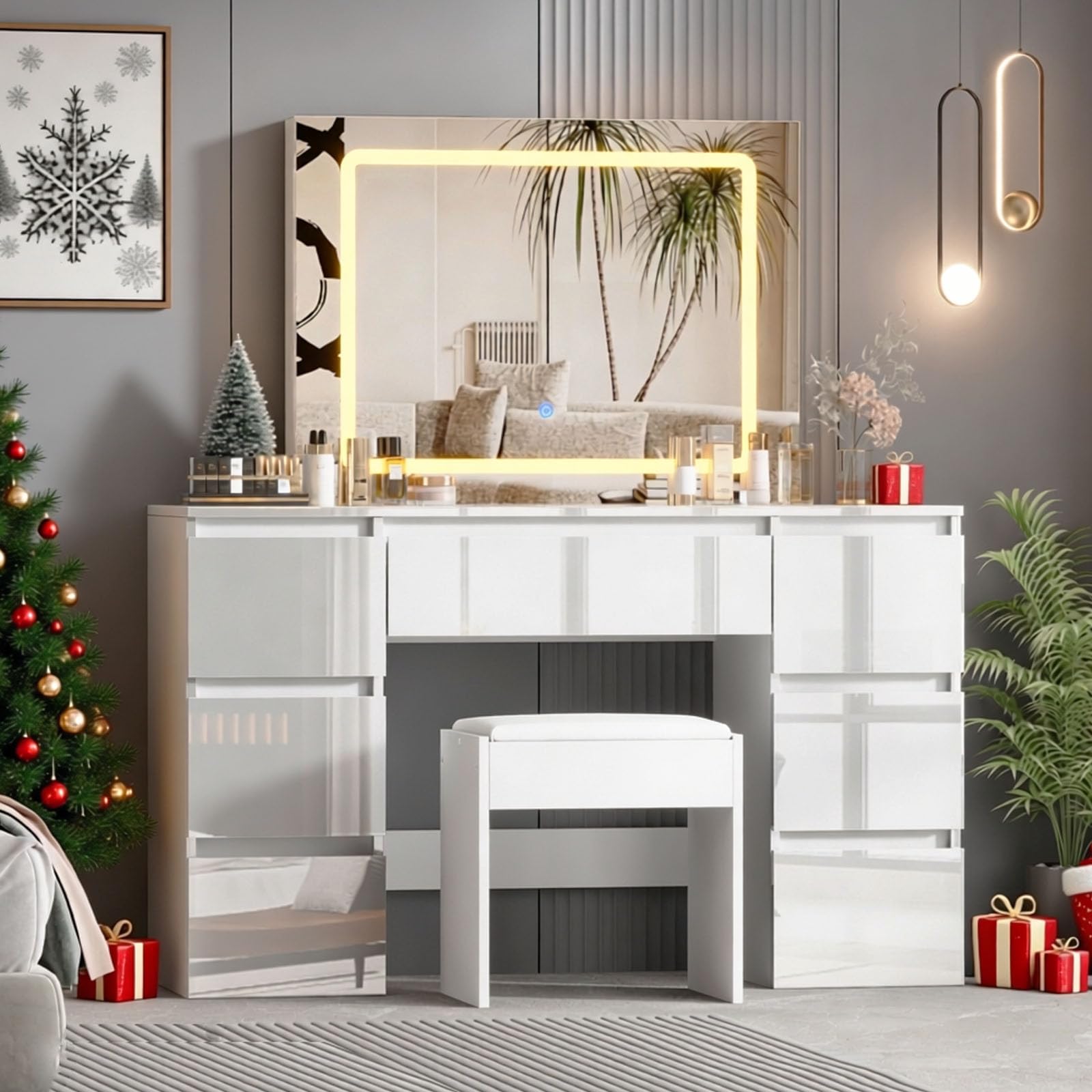 BSTSEL 120x40x75 cm White High Gloss 7 Drawers Dressing Table Vanity Desk with Stool Set Makeup Table with Large Adjustable Brightness Mirror for Bedroom 7 Chest of Drawers Dresser (White) — image 1