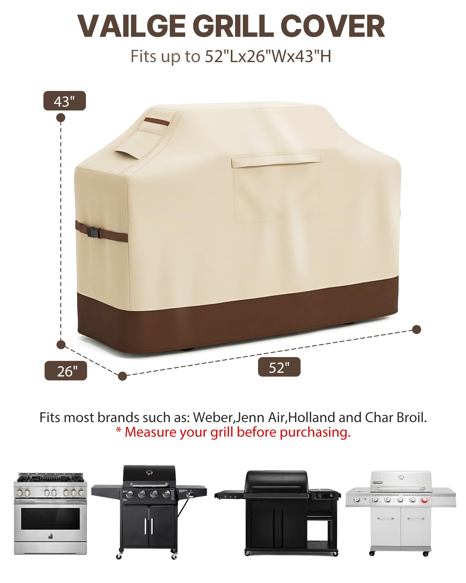 Vailge Grillabdeckung für Outdoor-Grill, 132,1 cm, wasserdichte Grillabdeckung, 600D robuste Gasgrillabdeckung, UV- und staub-, reiß- und lichtbeständig, geeignet für Weber, Brinkmann, Char Broil