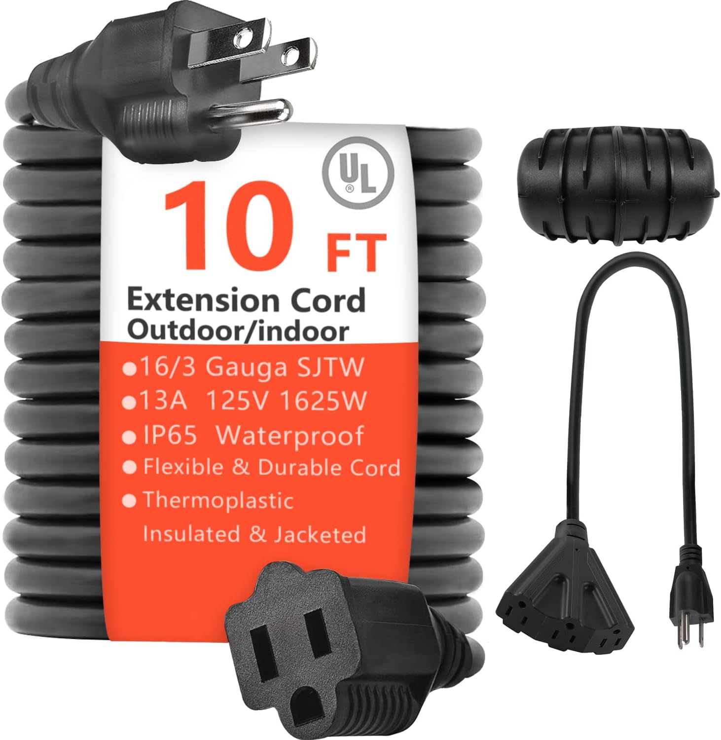 10ft 16AWG Black Outdoor Extension CordNew Ungraded SJTW 3 Prong Grounded Plug