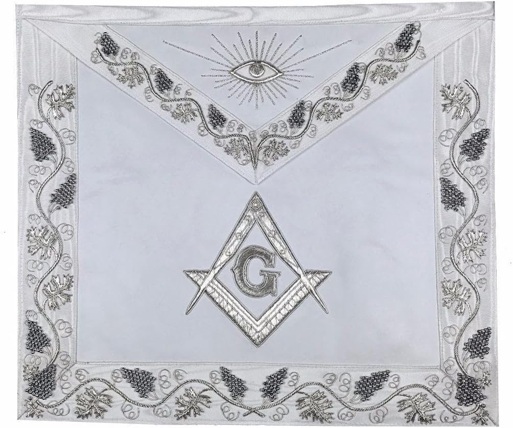 BRICKS MASONS Master Mason Blue Lodge Apron - White Moire Ribbon with Silver Hand Embroidery