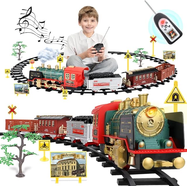Mini Tudou Remote Control Steam Train Sets w/ Smoke,Light,Sounds,Classical Electric Train Toys with Steam Locomotive Engine,Cargo Cars&Tracks,Powered by Rechargeable Battery, for Kids Boys Girls