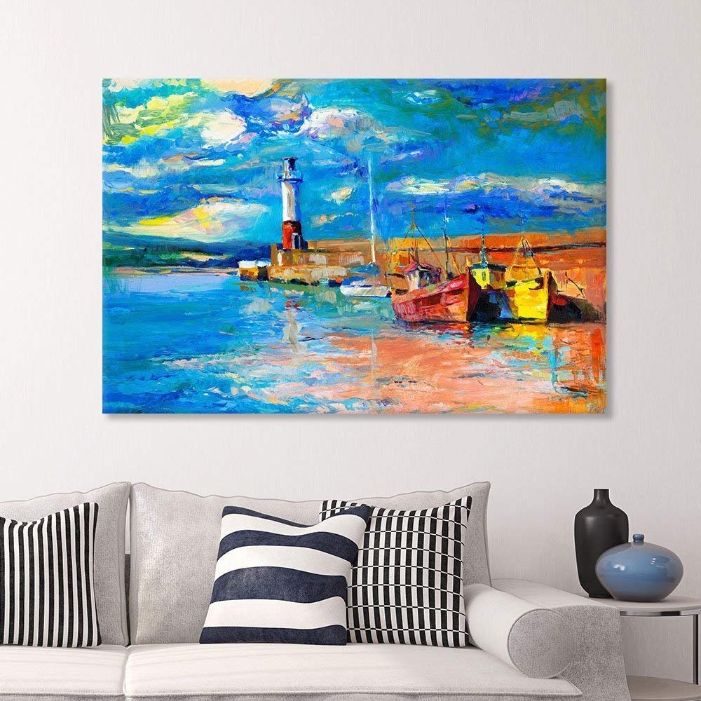 灯台の油彩画。油絵。キャンバスボード Amazon.co.jp: キャンバス印刷ウォールアート – 灯台とボートの元の