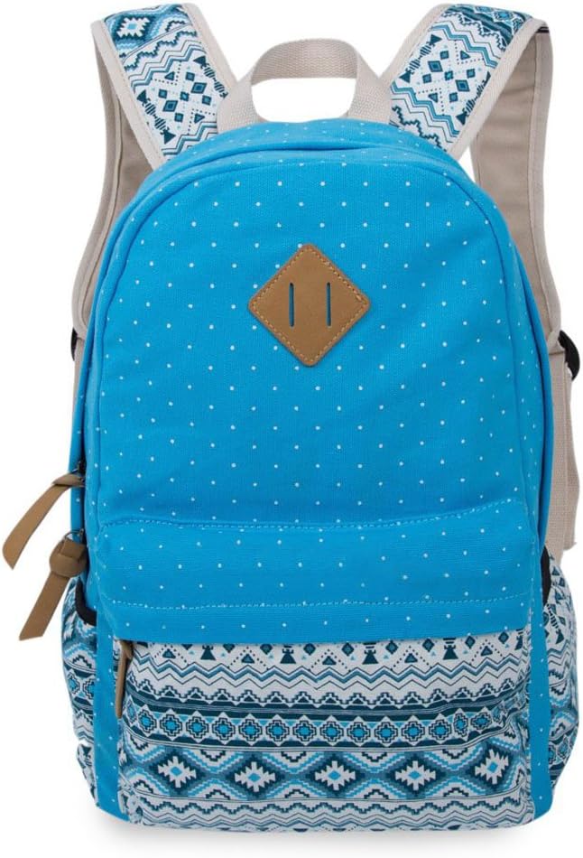 Girls Backpacks for School,WAWJ Ethnic Style Dot Canvas Laptop Travel Bag Schoolbag for Teens (Azure)