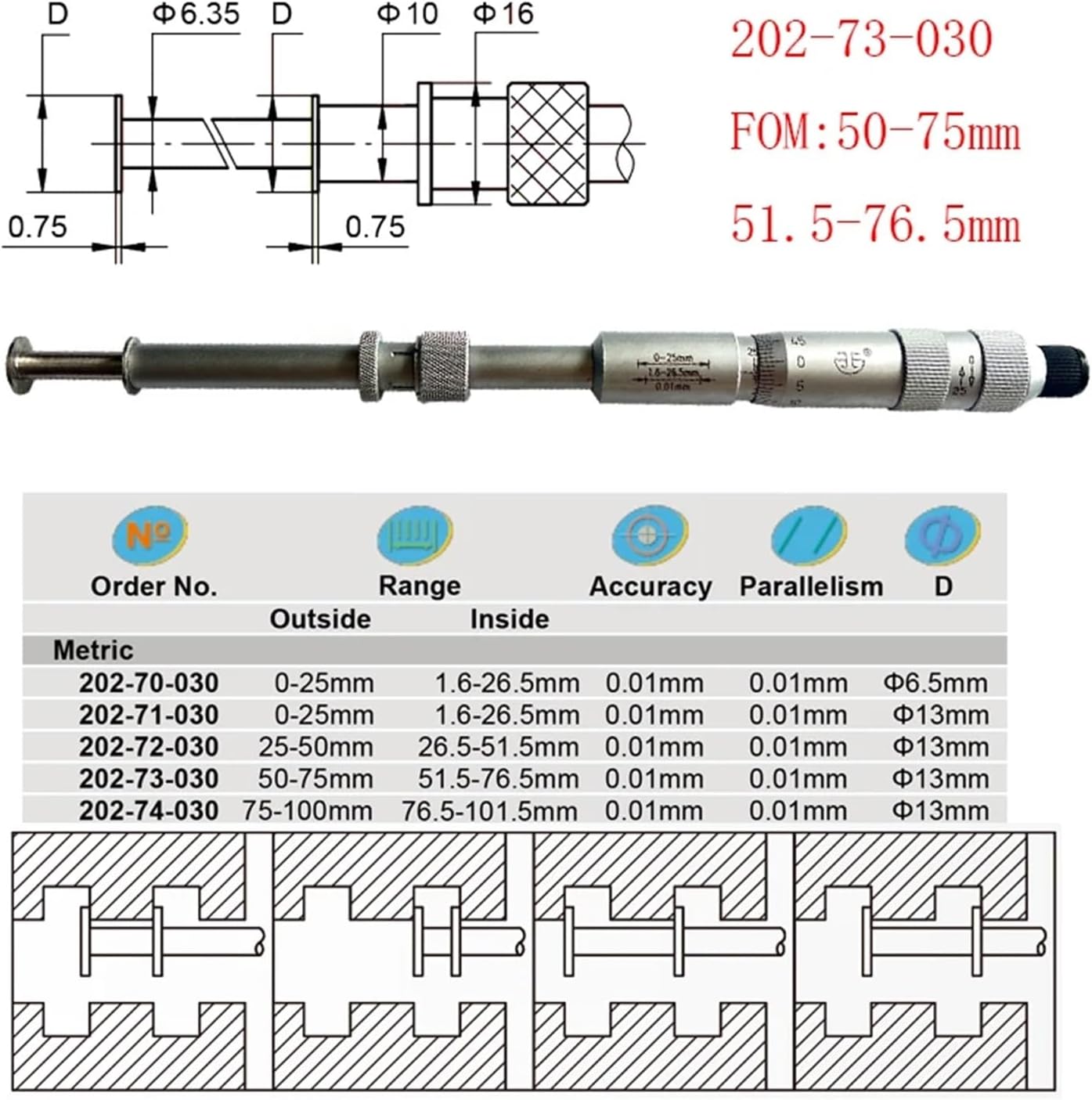 Groove Micrometers 0-25mm 25-50 Inside Measuring Slot Micrometer Measuring Width,Depth,and Location of Grooves Inside bore(50-75mm 202-73-030)