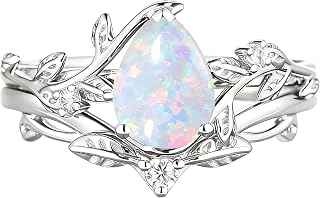 S925 Sterling Silver 1.5 Carat (ctw) White Opal Wedding Ring Sets for Women Leaf Halo Opal Bridal Set Pear Cut Engagement Ring Sets for Her Unique Jewelly Gifts
