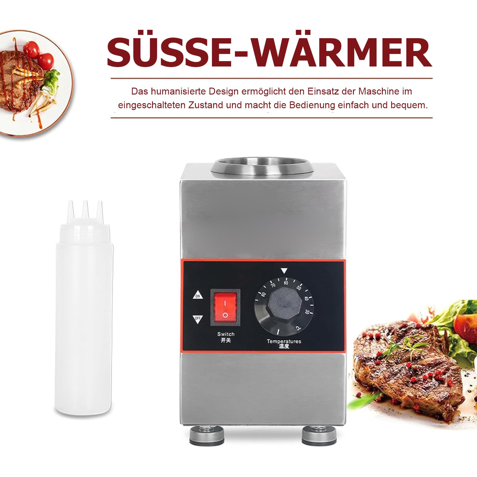 Calentador de salsas eléctrico comercial con botella de 650 ml, dispensador de salsa de queso eléctrico comercial, control de temperatura, para calentar chocolate, mantequilla y mermelada (30 – 85 °C)