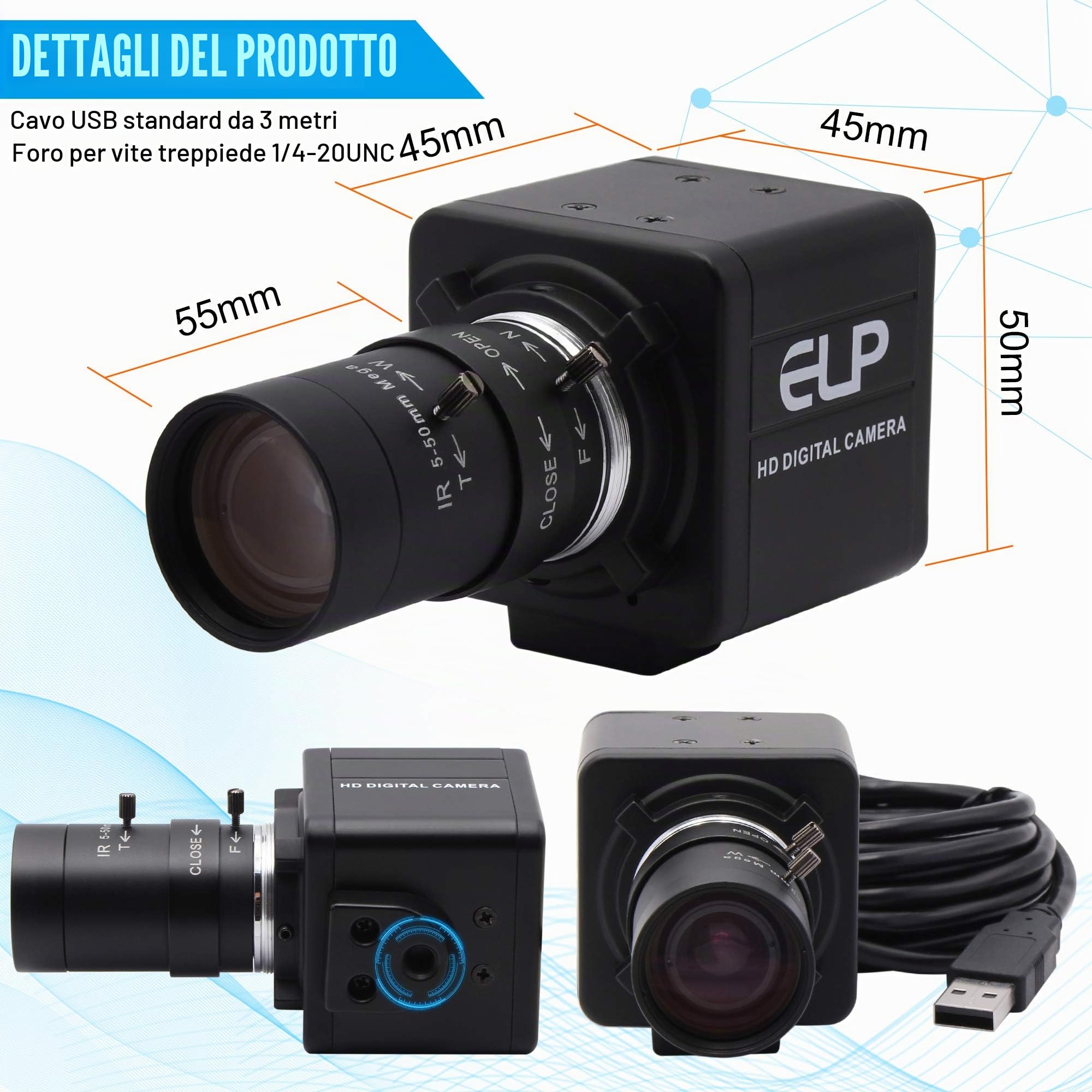 Fotocamera Web 4K, ultra HD IMX317, con obiettivo zoom da 5 – 50 mm, 3840x2160 @ 30 fps,2160P USB Videoconferenza webcam per Windows/Linux/Raspberry Pi USB4KHDR01-MFV (5-50)