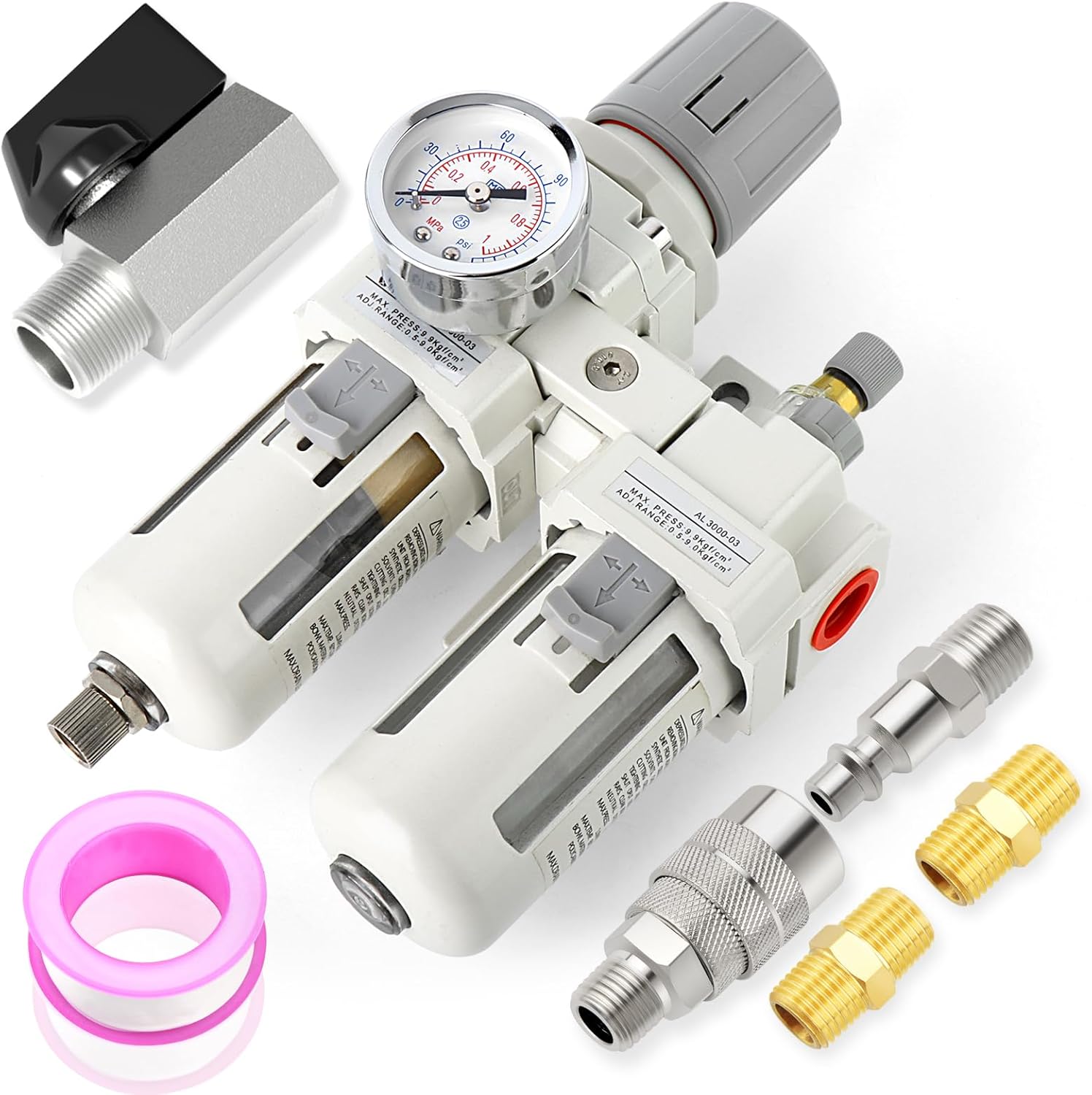 MEANLIN Air Compressor Moisture Filter, AC3010 Air Line Filter, 3/8" NPT Inlet with 150 PSI Gauge and Valve Shut Off Switch for Air Tools and Spray Paint Gun