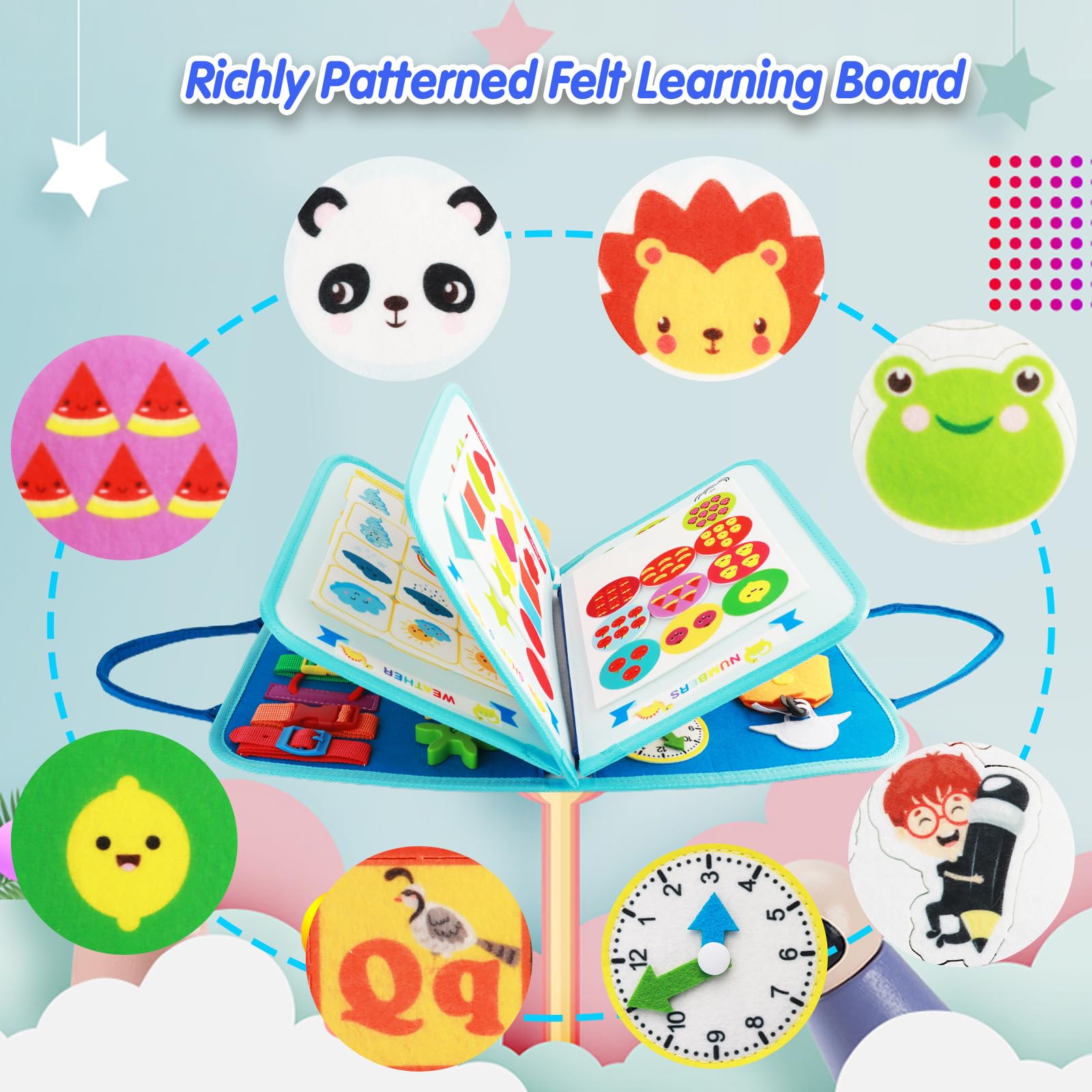 Busy Board Montessori zabawka od 1, 2, 3, 4 lat, filcowa tablica do aktywności 7 w 1, zabawka edukacyjna, rozwijanie, sensoryczna drobna motoryka, zabawka edukacyjna dla niemowląt