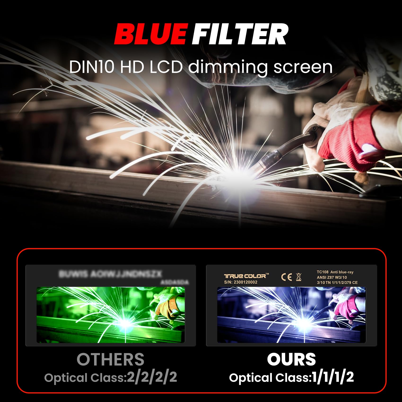 Propart Lente de soldadura gris de 2 x 4.25 pulgadas con sombra 10, lente de soldadura de oscurecimiento automático, tecnología azul de color verdadero, lente de soldadura automática HD para piezas de
