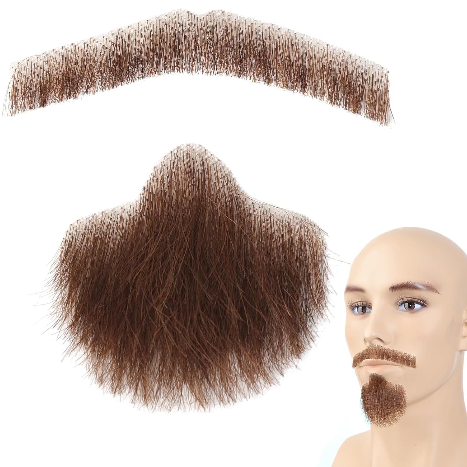 Human Hair Full Hand Tied Realistic Fake Mustache, Brown, Jack Sparrow Fake Beard, Fake Goatee for Halloween Costume
