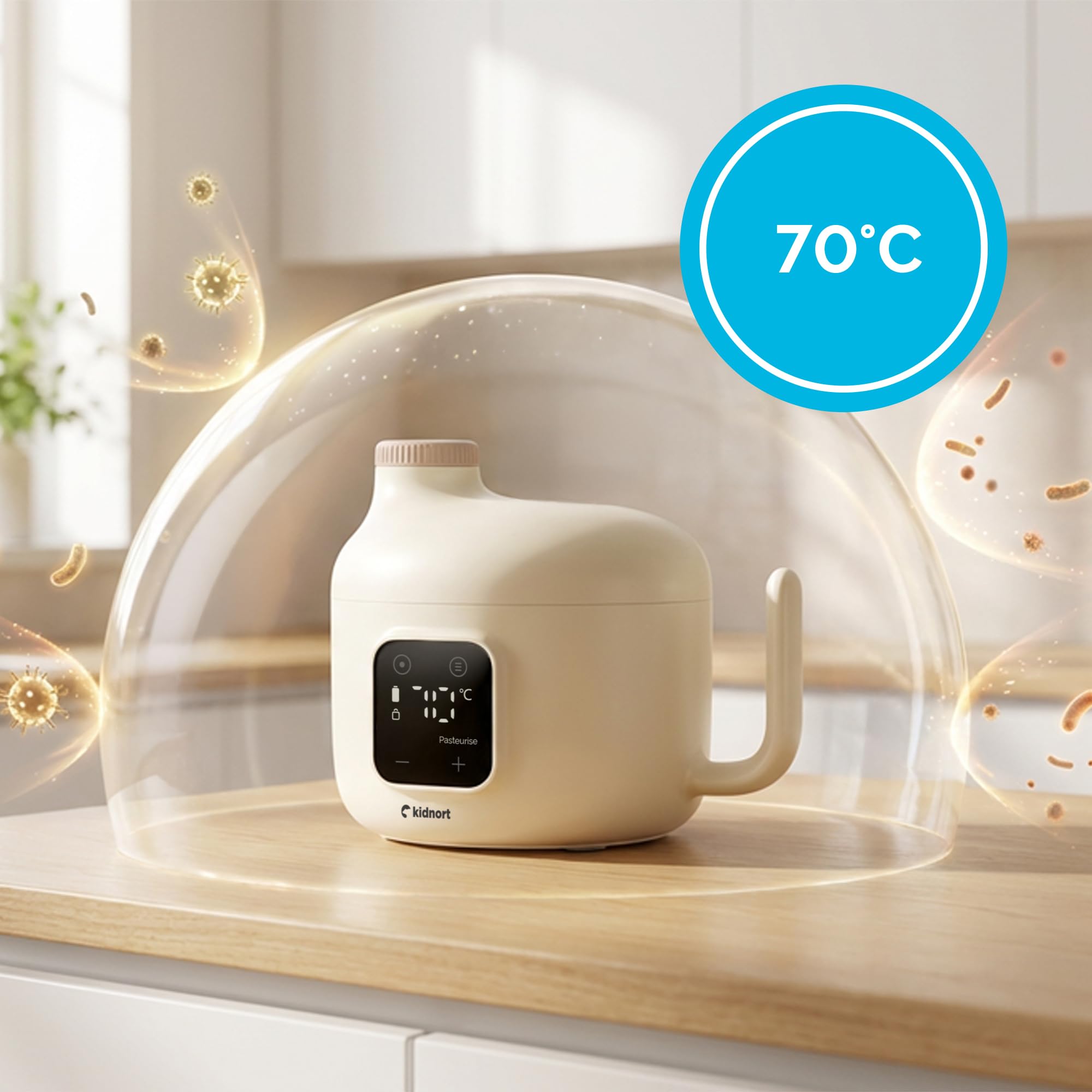 Kjokken Mobiler Babykostwärmer 400 ml mit Akku USB C für unterwegs Temperaturregelung 40 bis 55 Grad Timer Touchdisplay dichter Schraubdeckel für Babybrei Mahlzeiten Beige