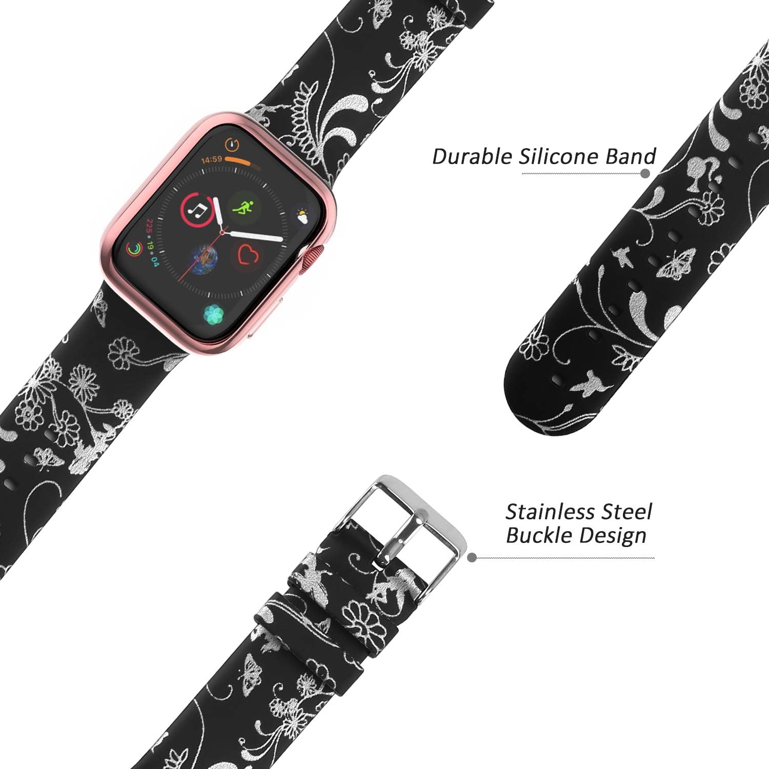 Compatible for Apple Watch Band 40mm Women with Screen Protector Case, Soft Silicone Sport Wristband for Apple Watch iwatch Series 6 5 4 SE (40mm,Sliver Flower)