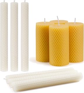 2x4 Inch Hand-Rolled Beeswax Pillar Candles 4 Pack and 8 Inch Beeswax Taper Candles 6 Pack