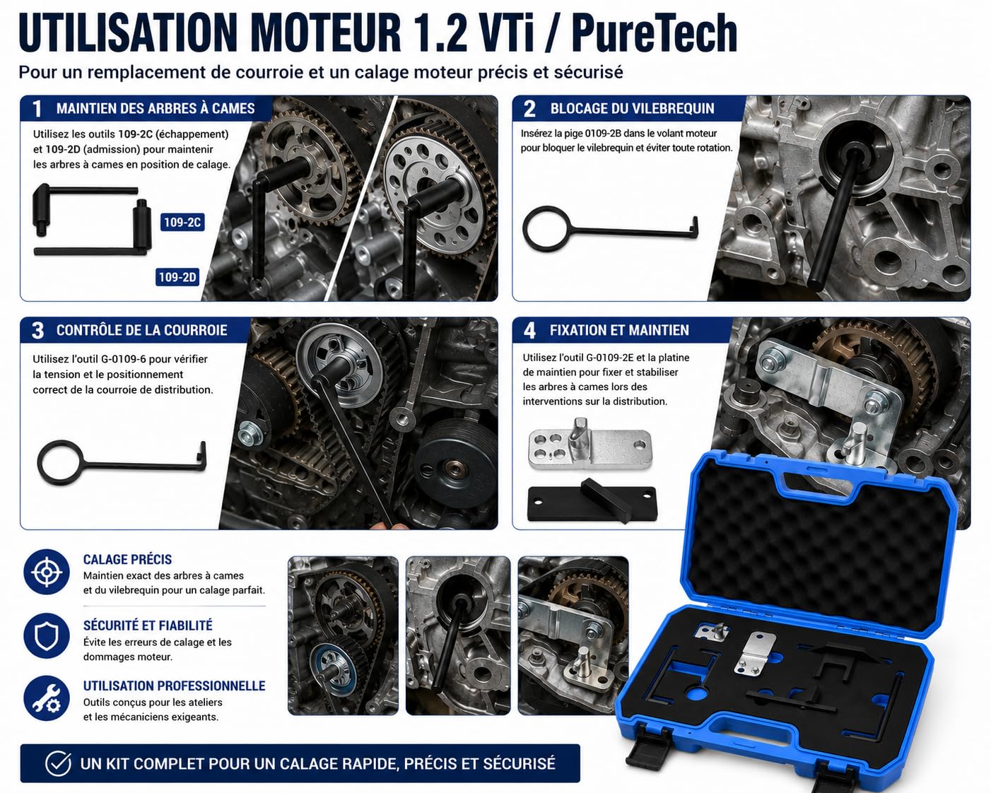 Kit Calage Distribution 1.2 VTi GDI PureTech Essence, Outil Réglage Distribution Compatible avec Citroën Peugeot Opel DS, Moteur 3 Cylindres, 109-2C 109-2D 0109-2B G-0109-2E G-0109-6