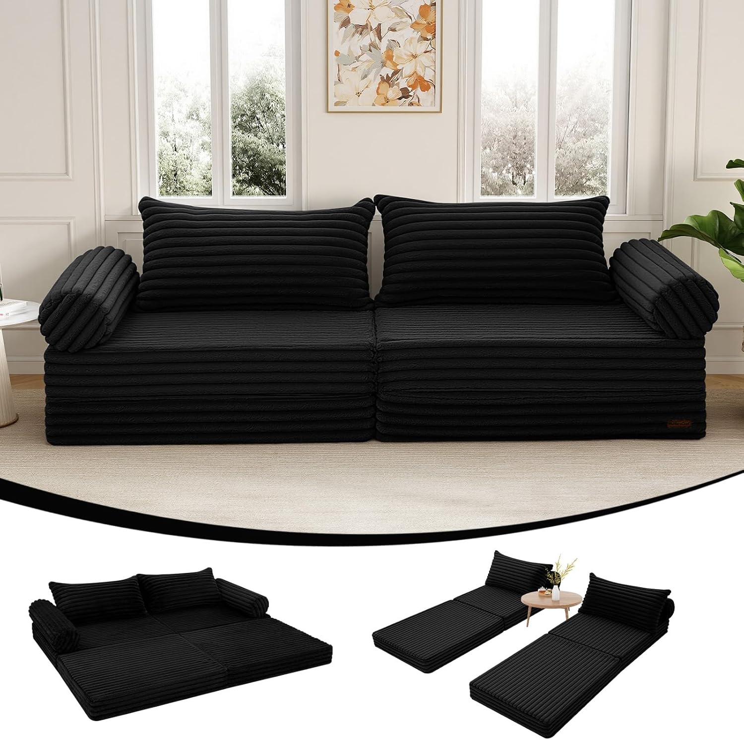 MeMoreCool Convertible Sofa Bed, Folding Floor Couch Bed Queen, Pull Out Sleeper Couch with Pillows, Corduroy Black