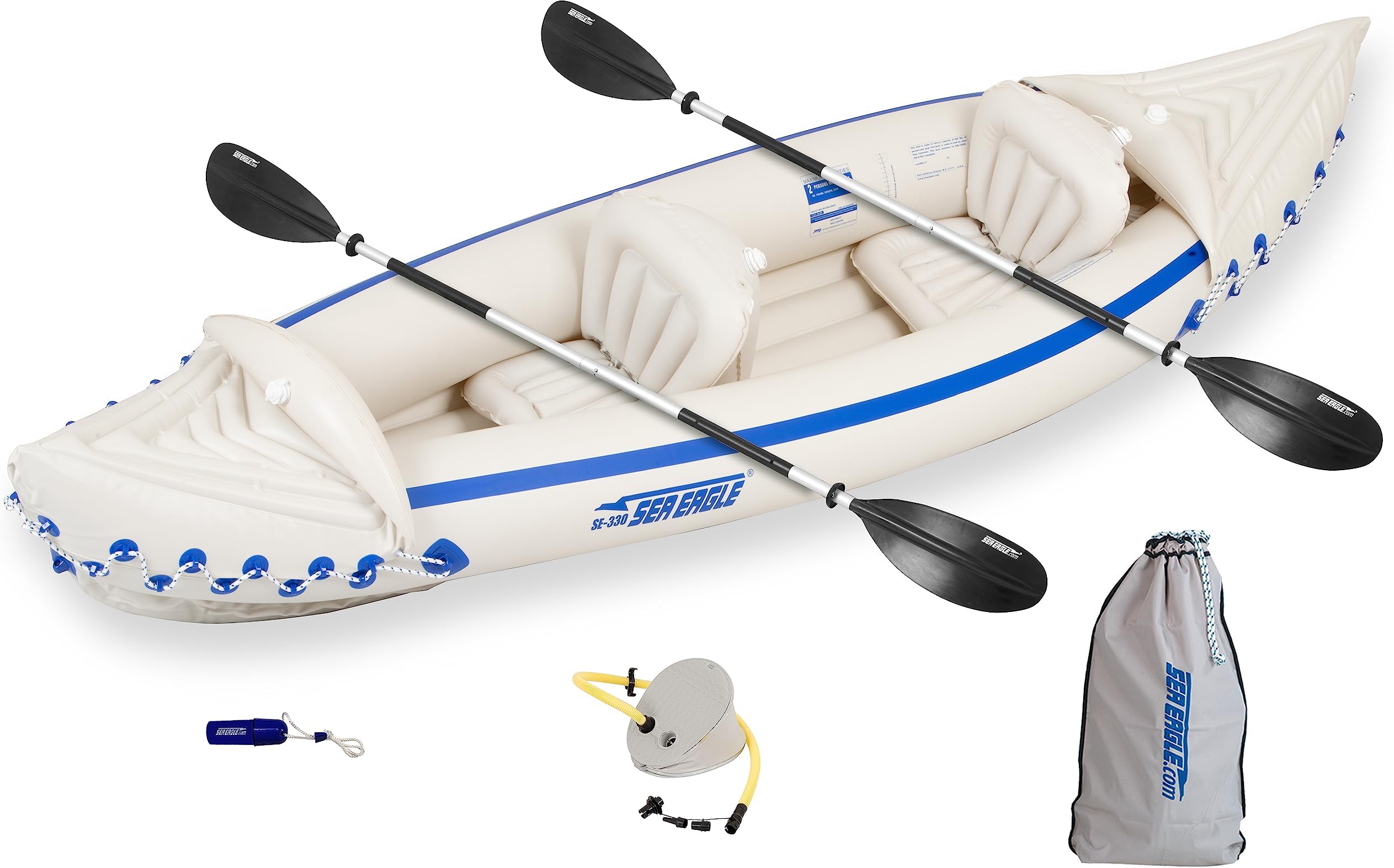 Sea EagleSE330 Two Person Inflatable Sport Kayak Canoe Boat with Two Seats, Two Paddles and Pump.