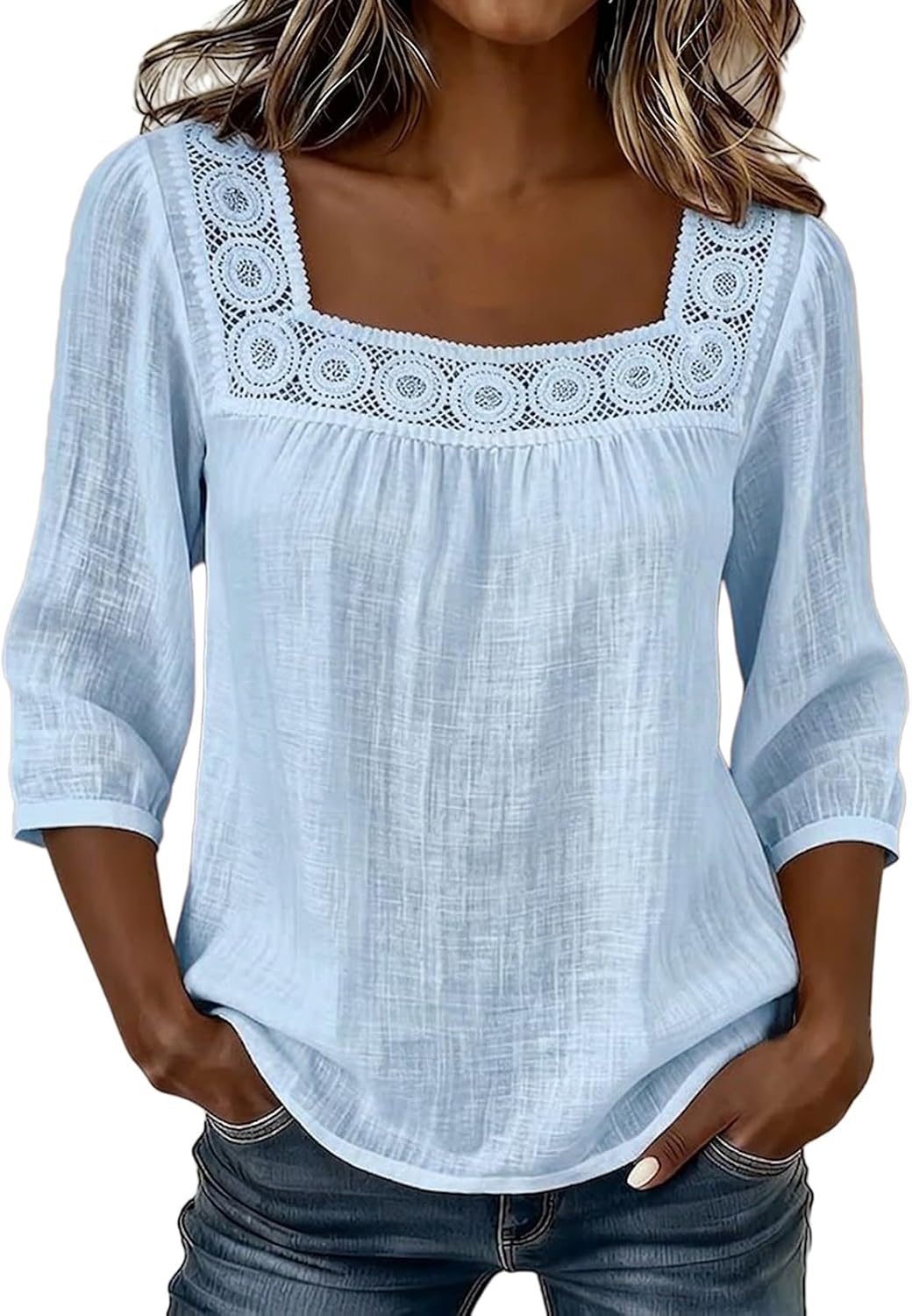Womens Blouses Plus Size Hollowed-Out Square Collar 3/4 Sleeve Shirts Dressy Elegant Casual Tops