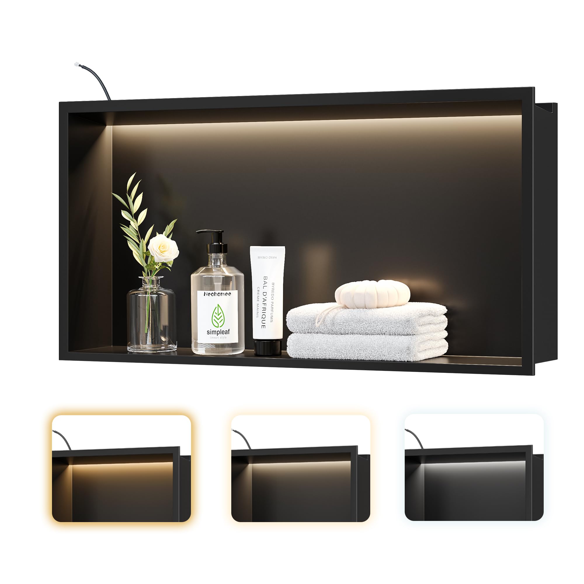 Neohomee Wall Recess Shower Stainless Steel with LED Lighting, Shower Niche Black Single Shelf Recessed Recess with Colour Temperature Setting Storage for Bathroom 60 x 30 cm