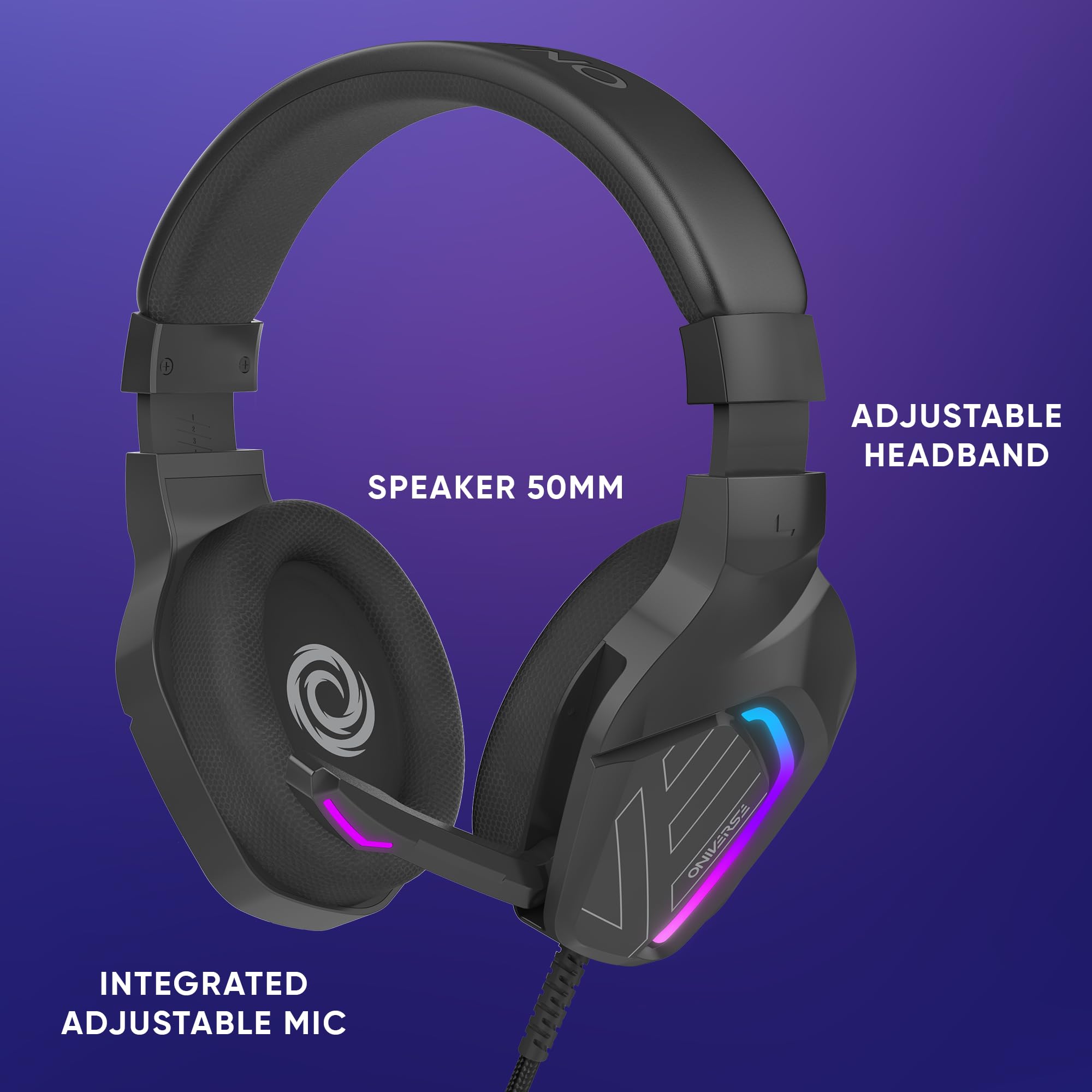Oniverse - Auriculares para juegos con cable con micrófono ajustable, compatible con PS5 PS4 Switch Xbox PC Mac, Auriculares LED para gamer, altavoces de 50 mm, cómodos y transpirables, con cable Jack