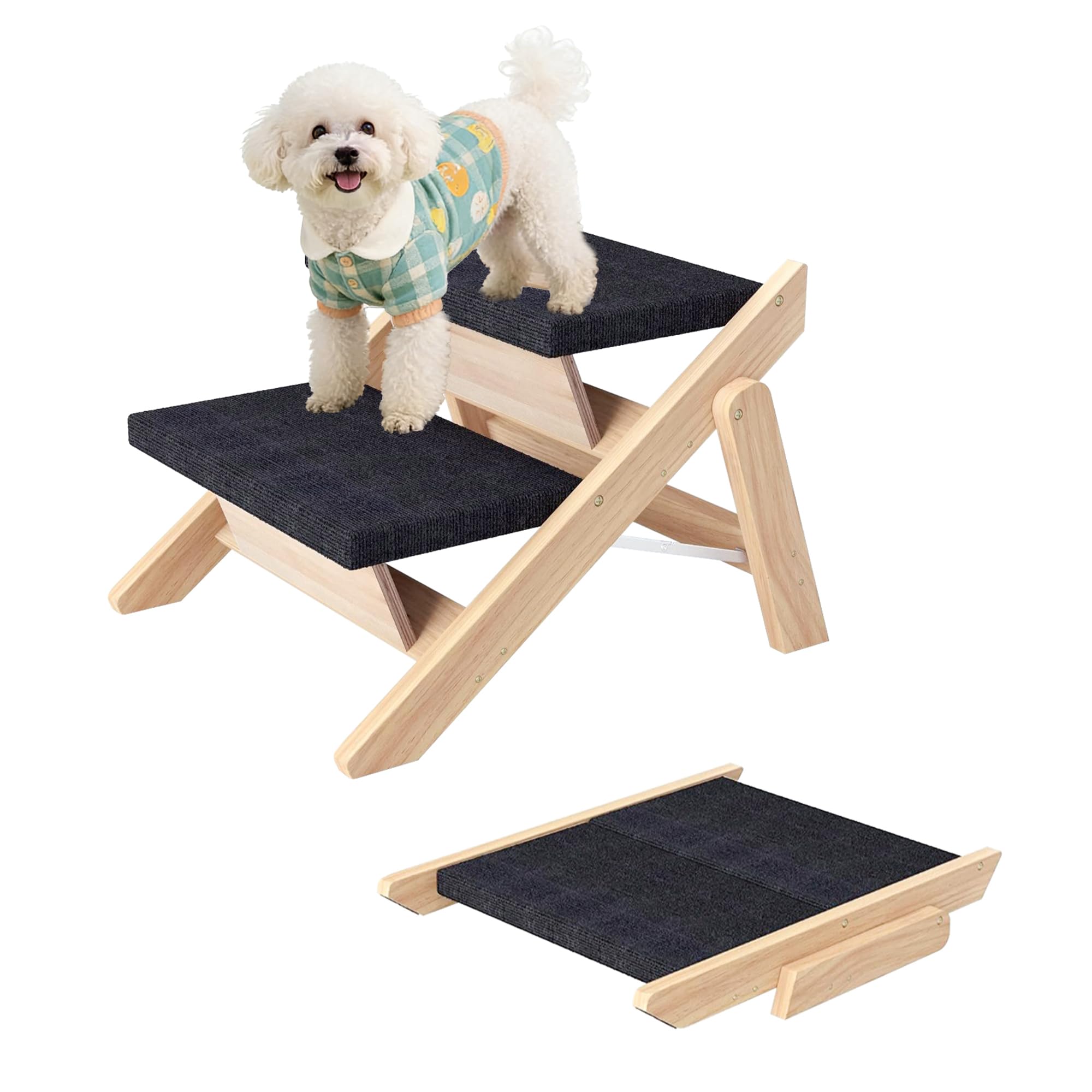 Hundetreppe für Kleine Hunde, 2-in-1 Faltbare Hundetreppe/Rampe aus Holz für Betten, Sofas und Autos, Haustiertreppe und Rampe 33cm Hoch, leicht zu bewegen katzentreppe, bis zu 80 KG