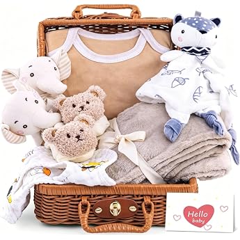 Baby Gift Boys Newborn Gift | With romper, comforter, bib, socks, rattle, greeting cards in gift box, baby birth gift