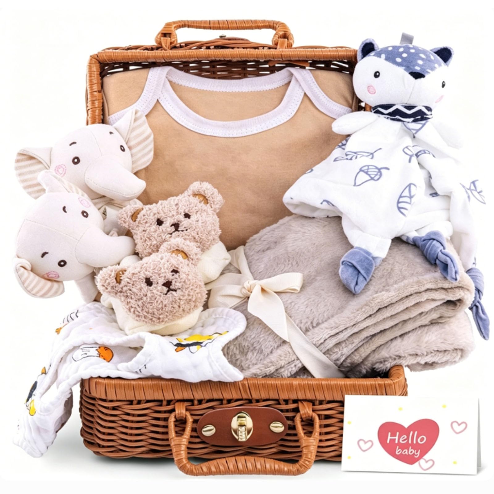 Set regalo per neonati, regalo per neonati, con pagliaccetto, asciugamani, bavaglini, calzini, sonaglio, scatola dei ricordi, biglietti di auguri e baby shower