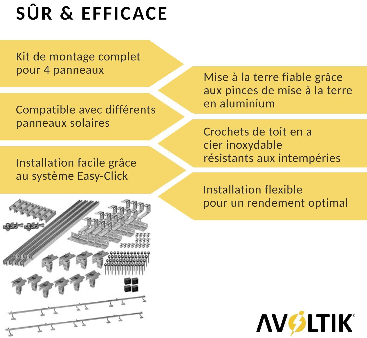 Support solaire pour toit en tuiles | Kit de montage pour 4 panneaux I Lot de crochets de toit en acier inoxydable 3 fois fixés. Pinces de rail de montage en aluminium