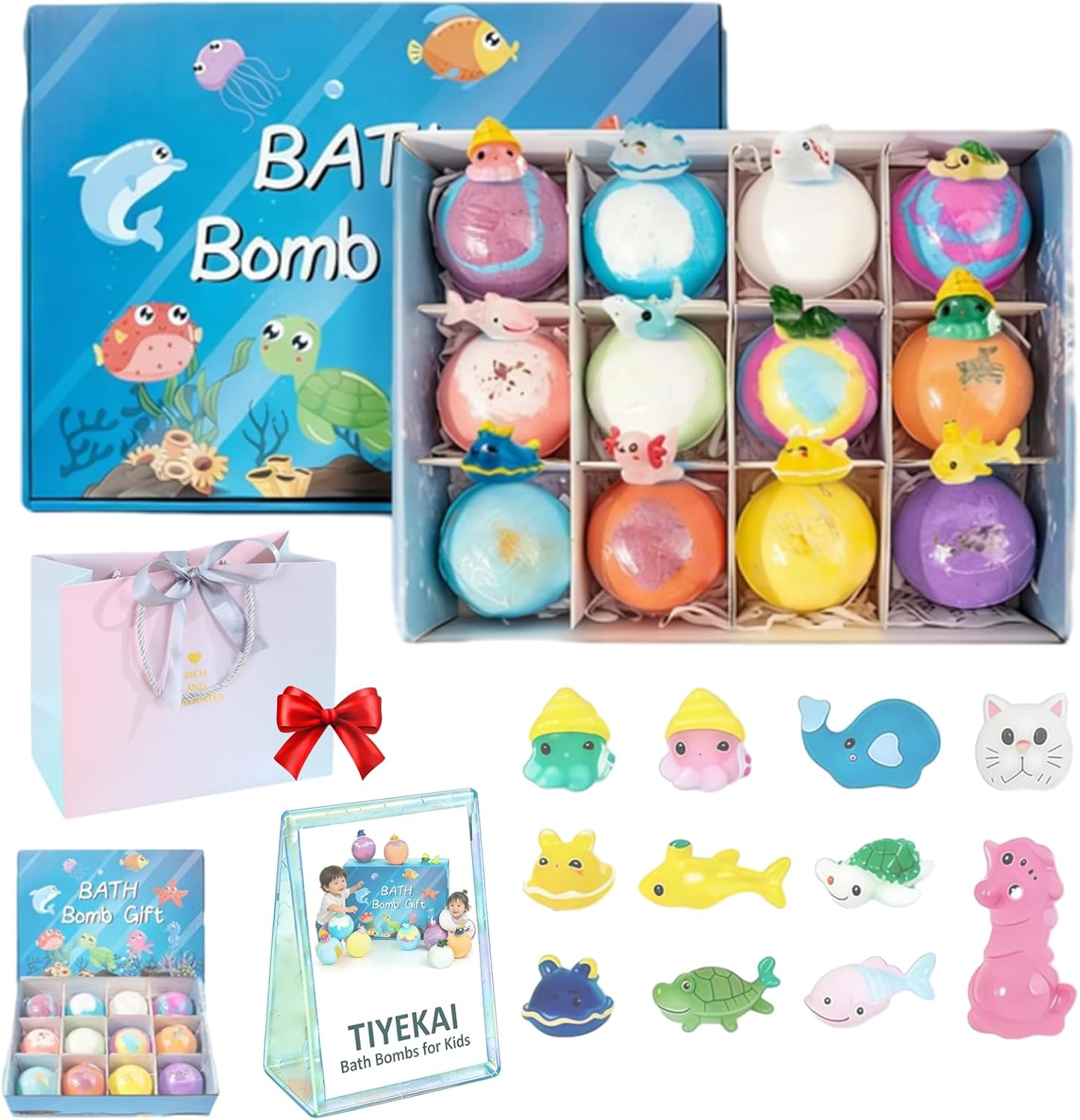Bath Bombs for Kids with Surprisespringinside, 12 Pack Kid Bath Bombs Gift Set, Easter Basket Stuffer, Ocean Toy Bath Bomb Set, Fun Bath Toys Gift for Boys Girls (1 Set)