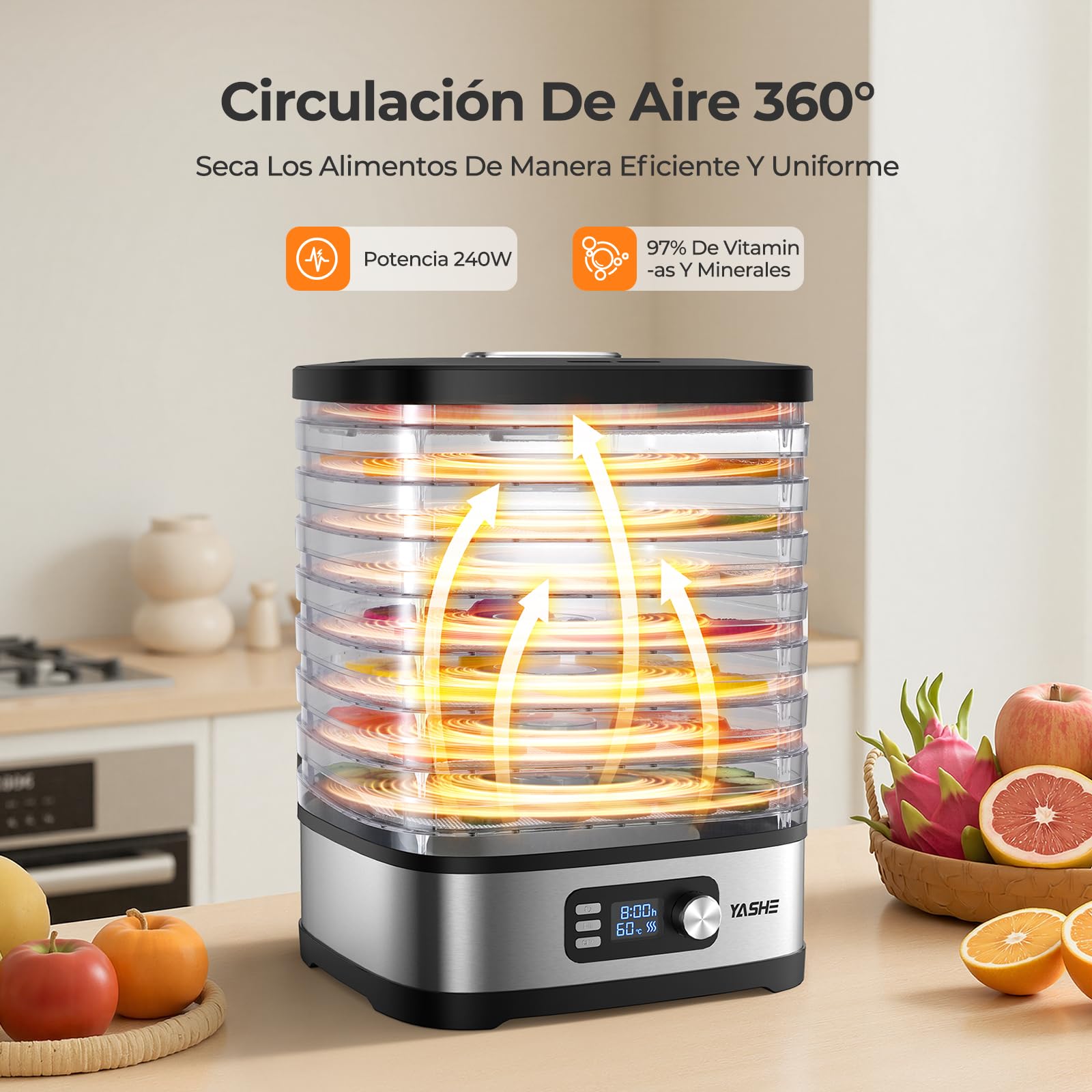 YASHE Deshidratador de Alimentos 8 Bandejas, Tiempo y Temperatura Ajustables 72H, Incluye Rejillas de Malla, Bandeja de Fruta y Pinzas de Acero Inoxidable para Jerky, Frutas, Verduras, Carne, Sin BPA